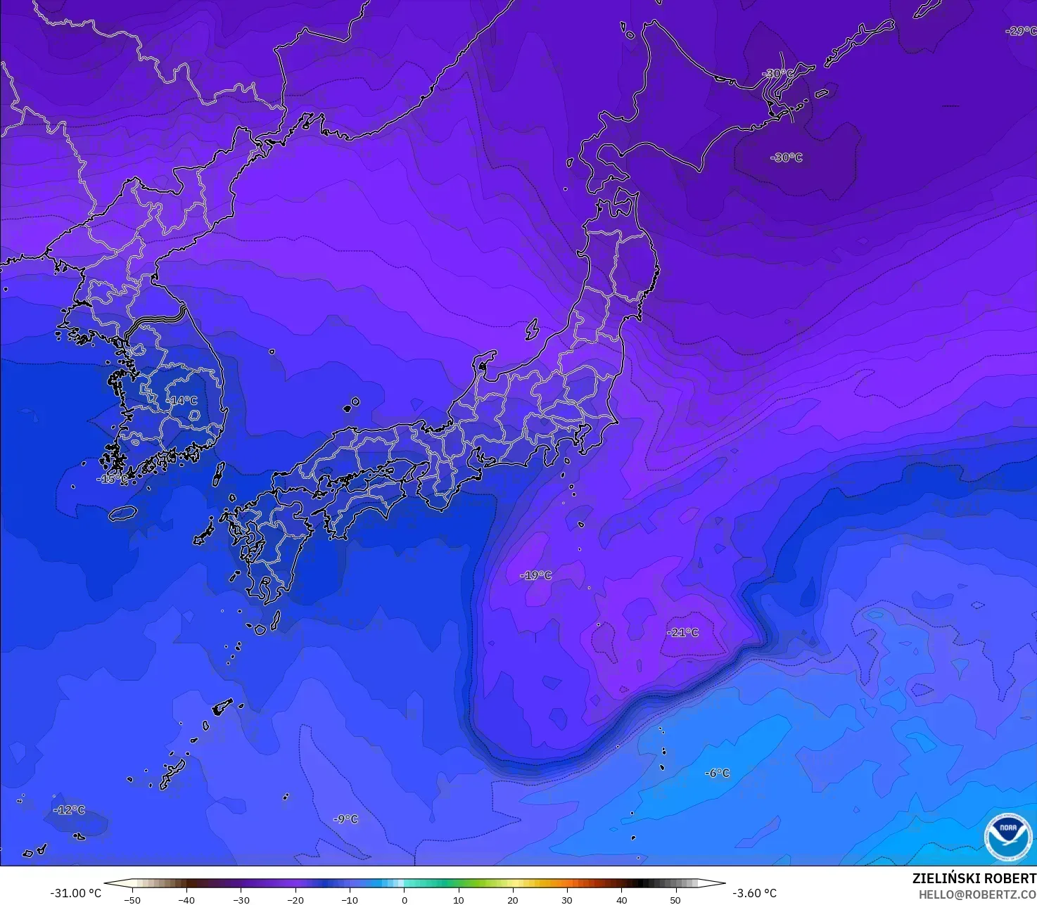 GFS model - Japonya, 500 hPa Sıcaklık