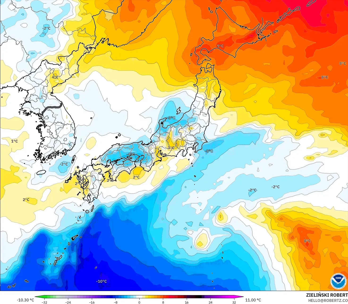 GFS model - Japonya, 850 hPa Sıcaklık Anomalisi