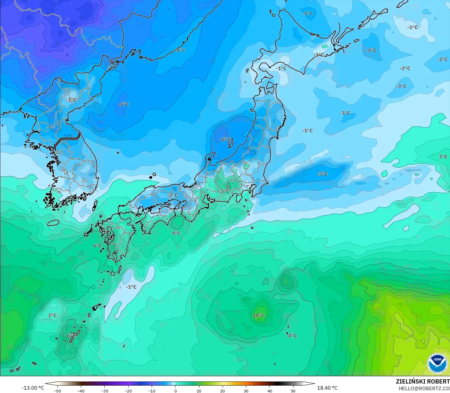 GFS model - Japonya, 850 hPa Sıcaklık