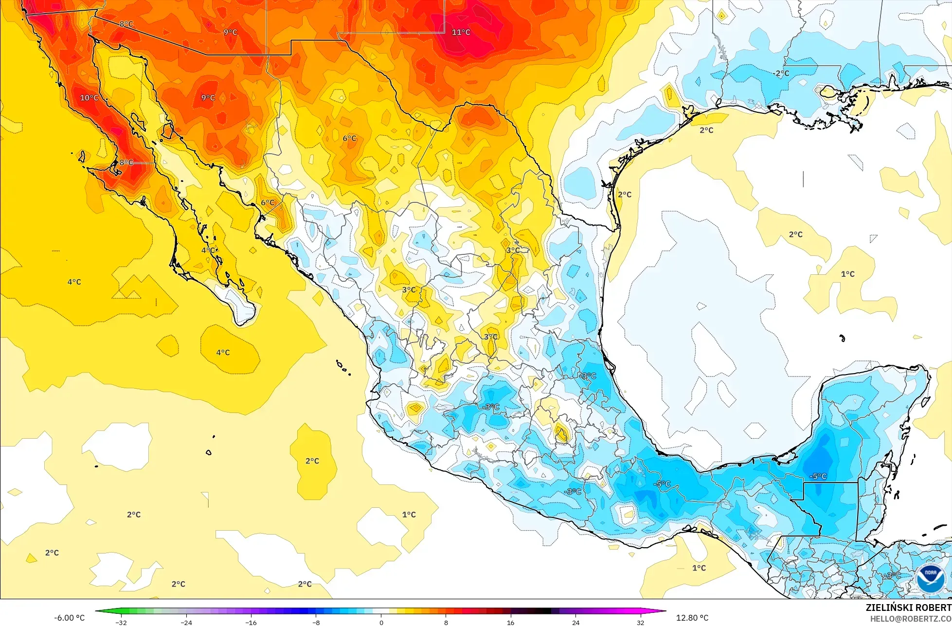 GFS model - Meksika, 2 m Sıcaklık Anomalisi