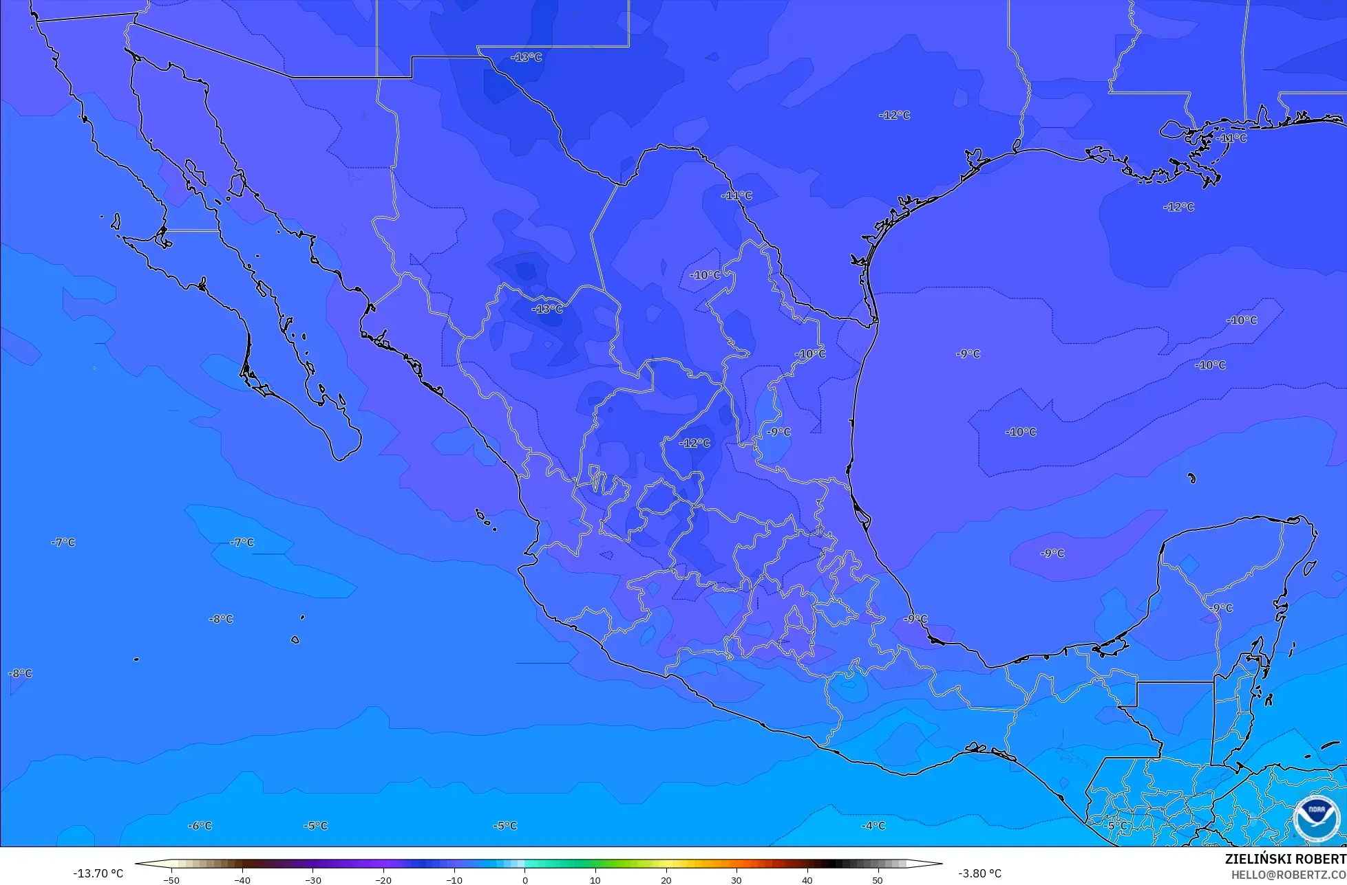 GFS model - Meksika, 500 hPa Sıcaklık
