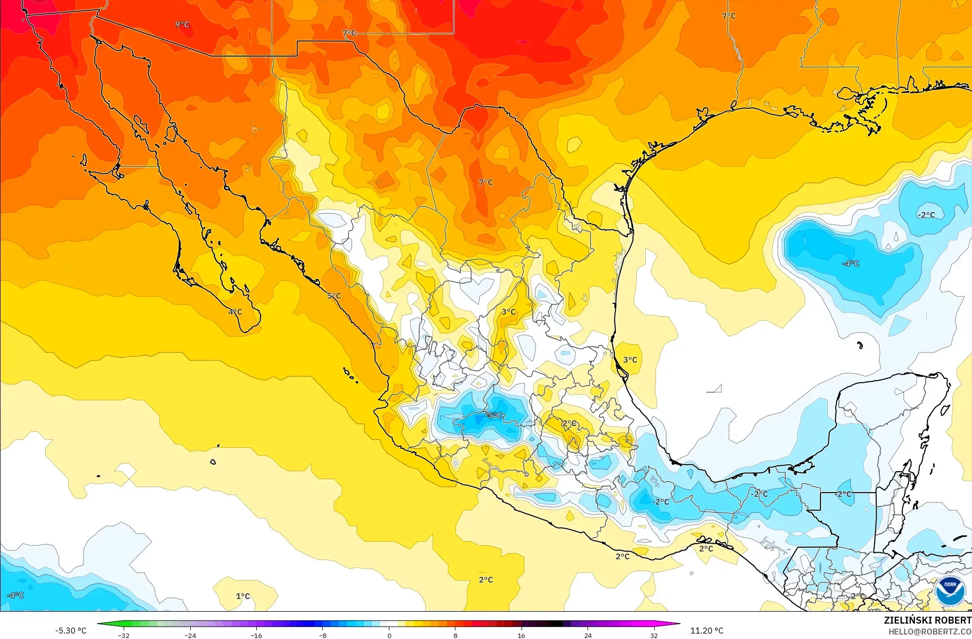 GFS model - Meksika, 850 hPa Sıcaklık Anomalisi