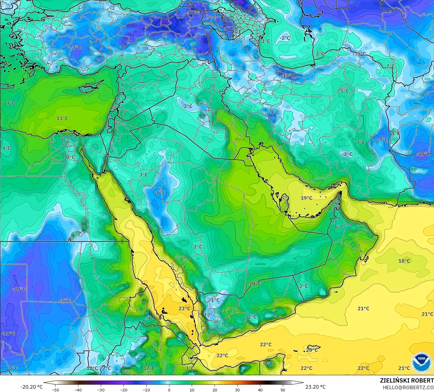 GFS model - Orta Doğu, 2 m Çiy Noktası