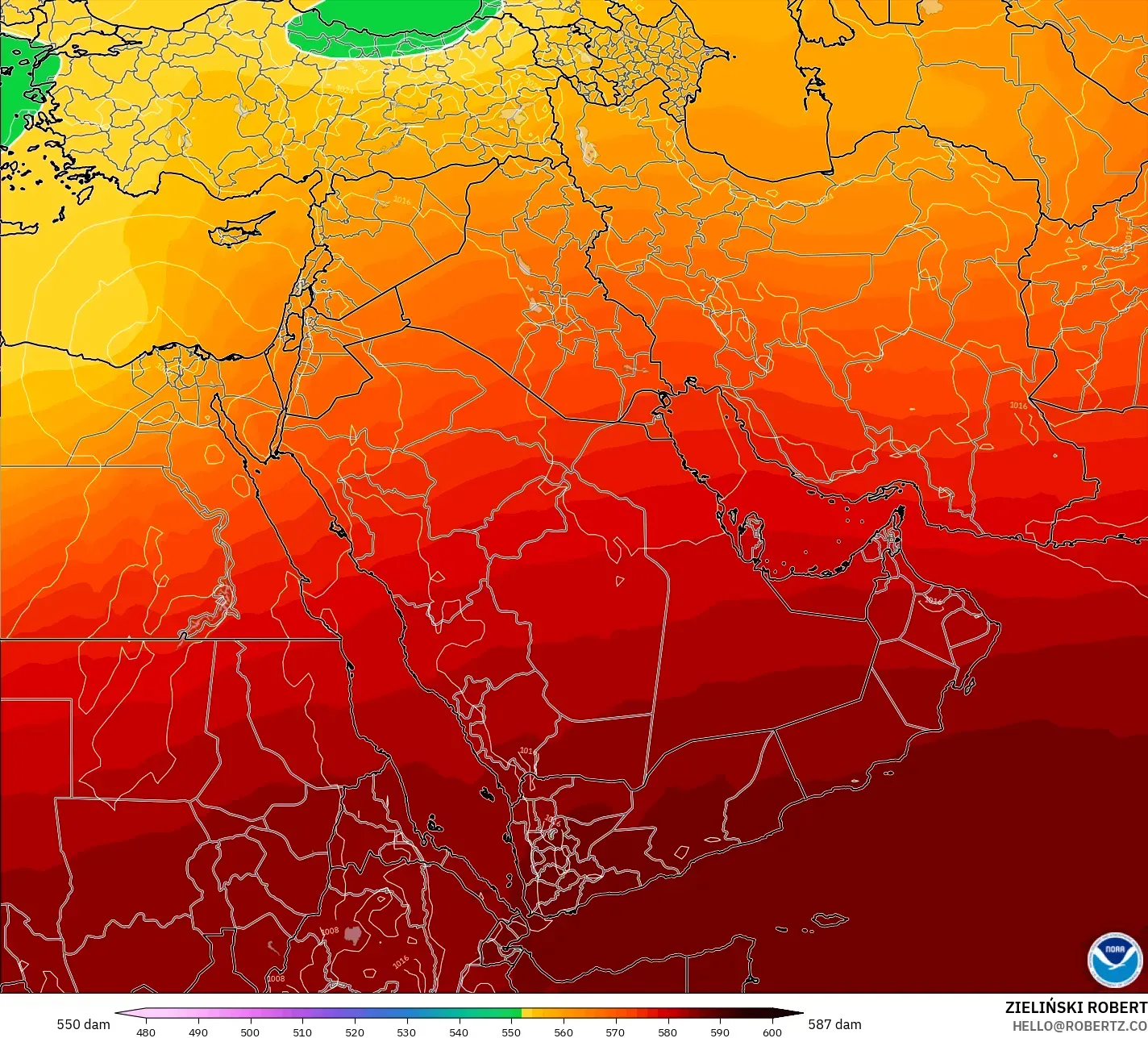 GFS model - Orta Doğu, 500 hPa’da jeopotansiyel yükseklik