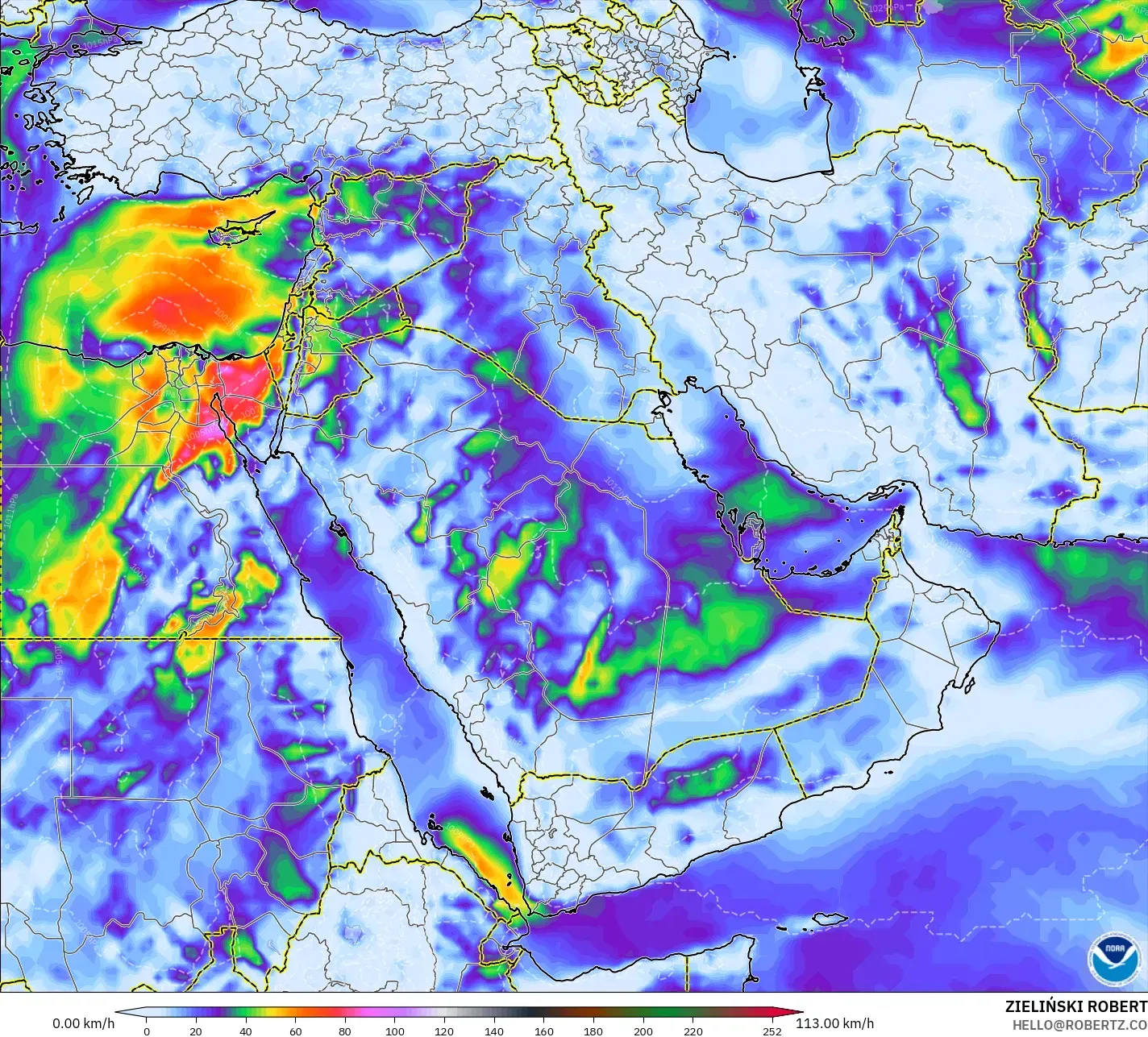 GFS model - Orta Doğu, En Yüksek Rüzgâr