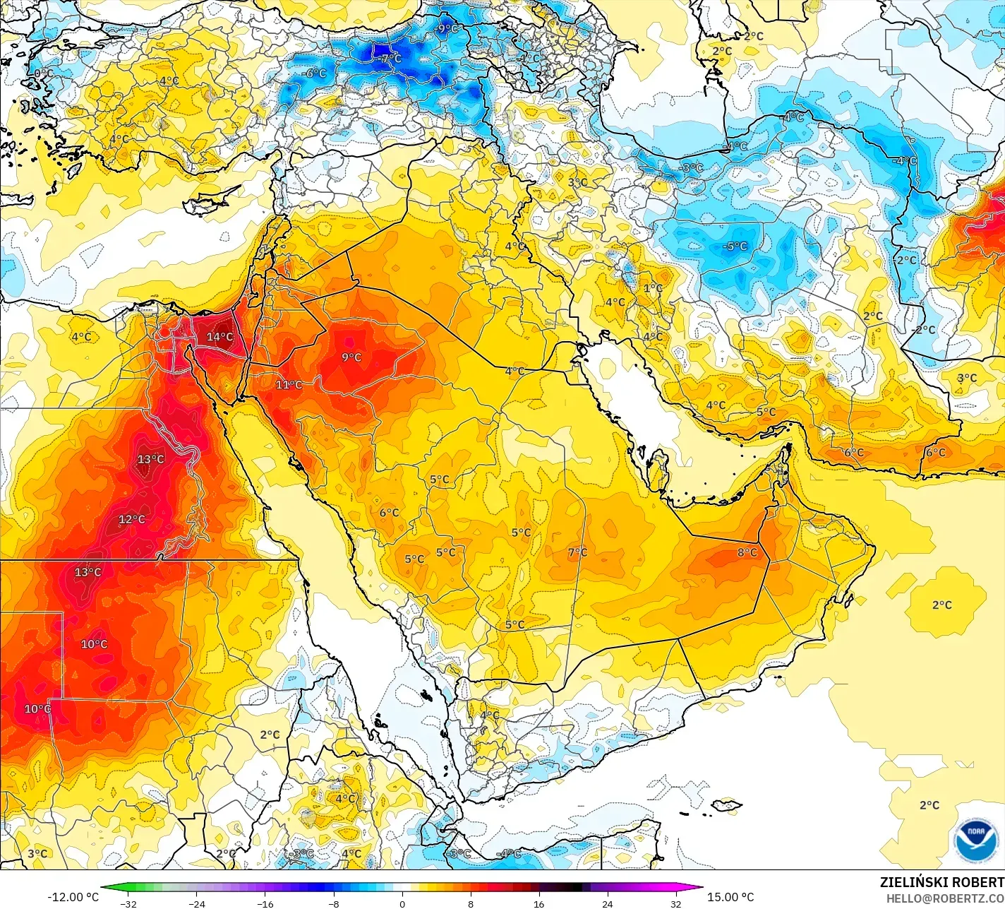 GFS model - Orta Doğu, 2 m Sıcaklık Anomalisi