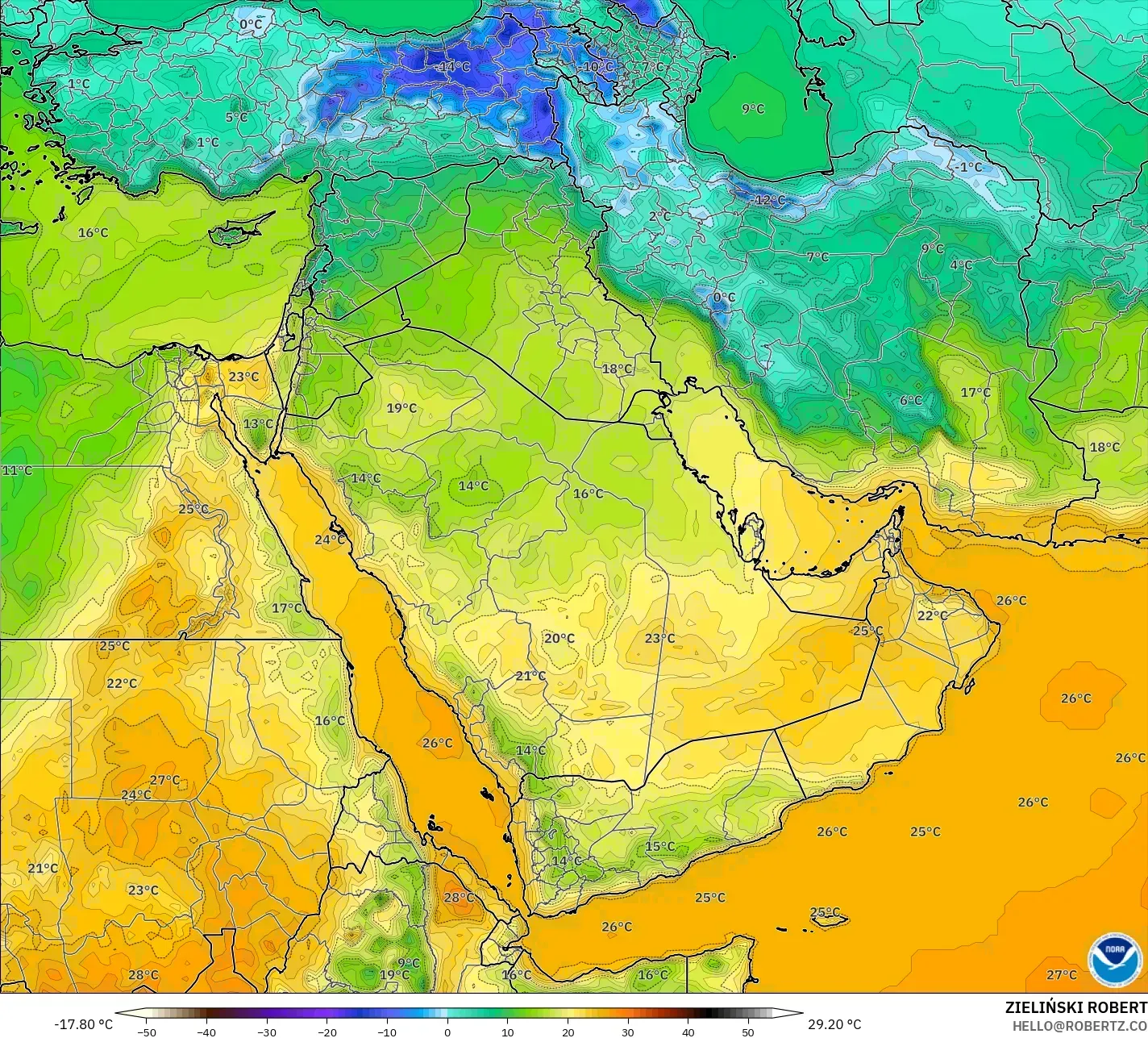 GFS model - Orta Doğu, 2 m Sıcaklık