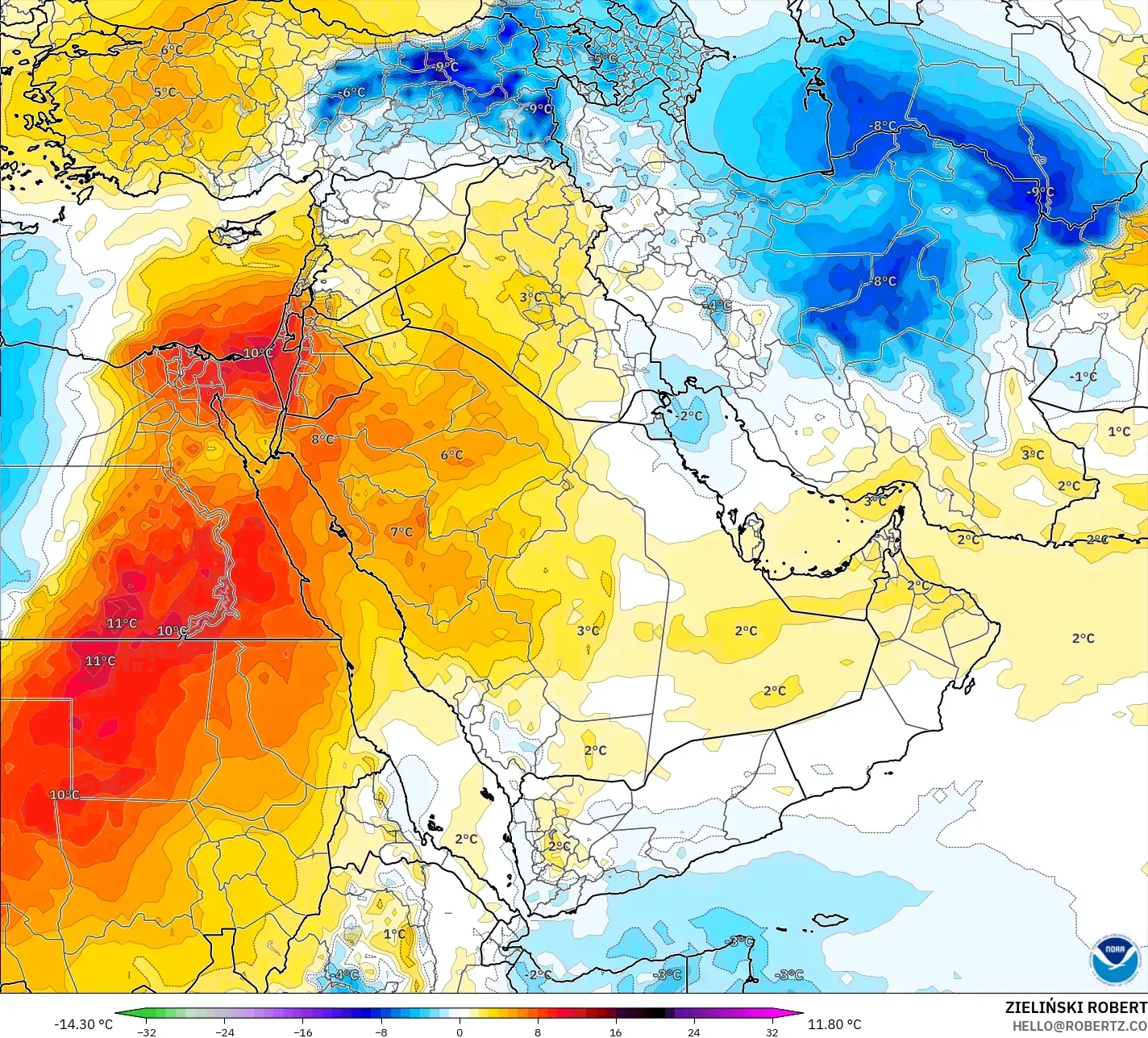 GFS model - Orta Doğu, 850 hPa Sıcaklık Anomalisi
