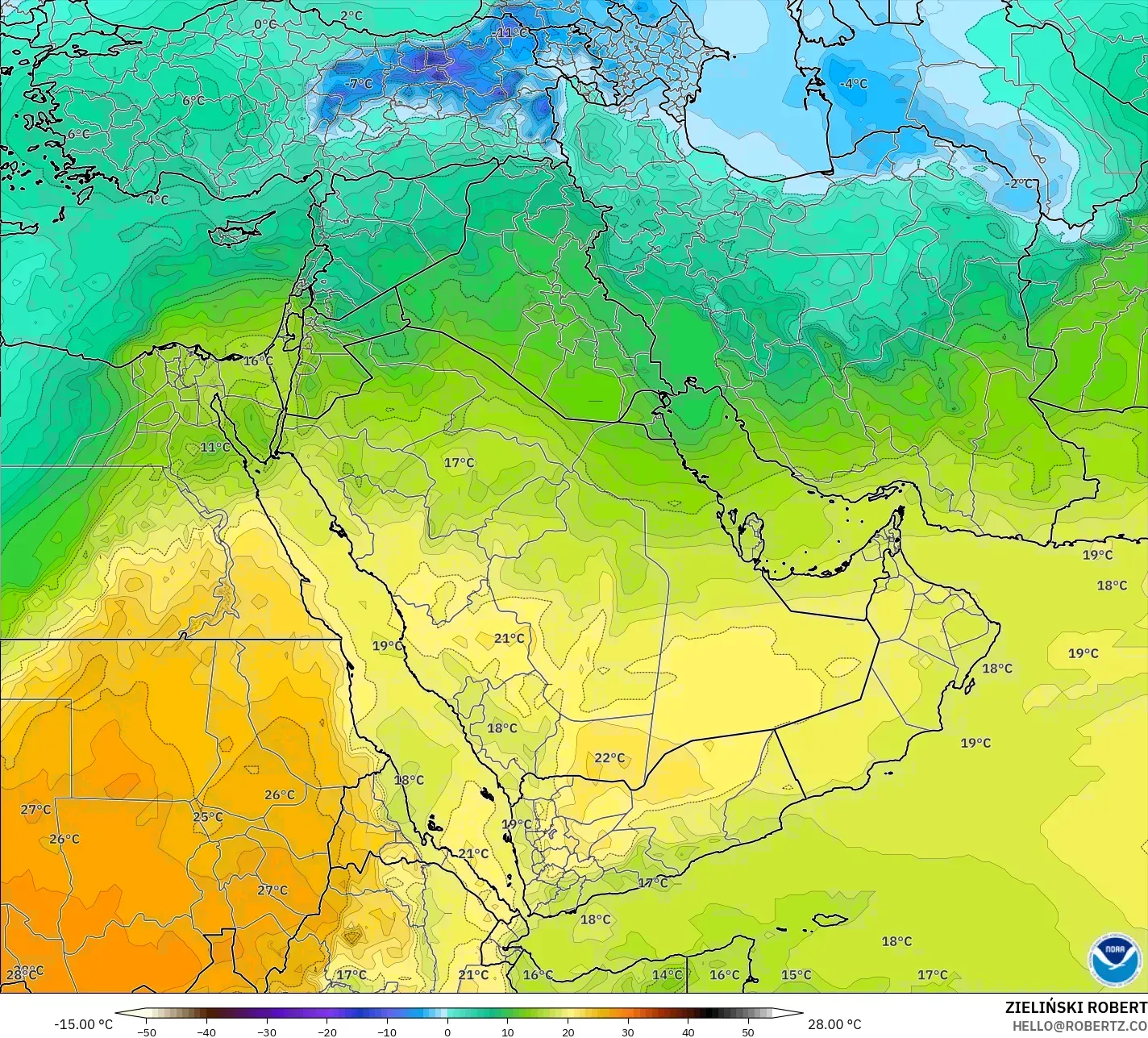 GFS model - Orta Doğu, 850 hPa Sıcaklık
