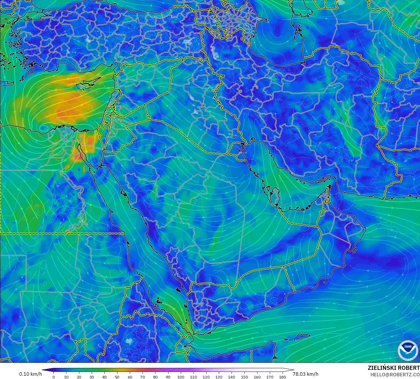 GFS model - Orta Doğu, 10 m Rüzgâr