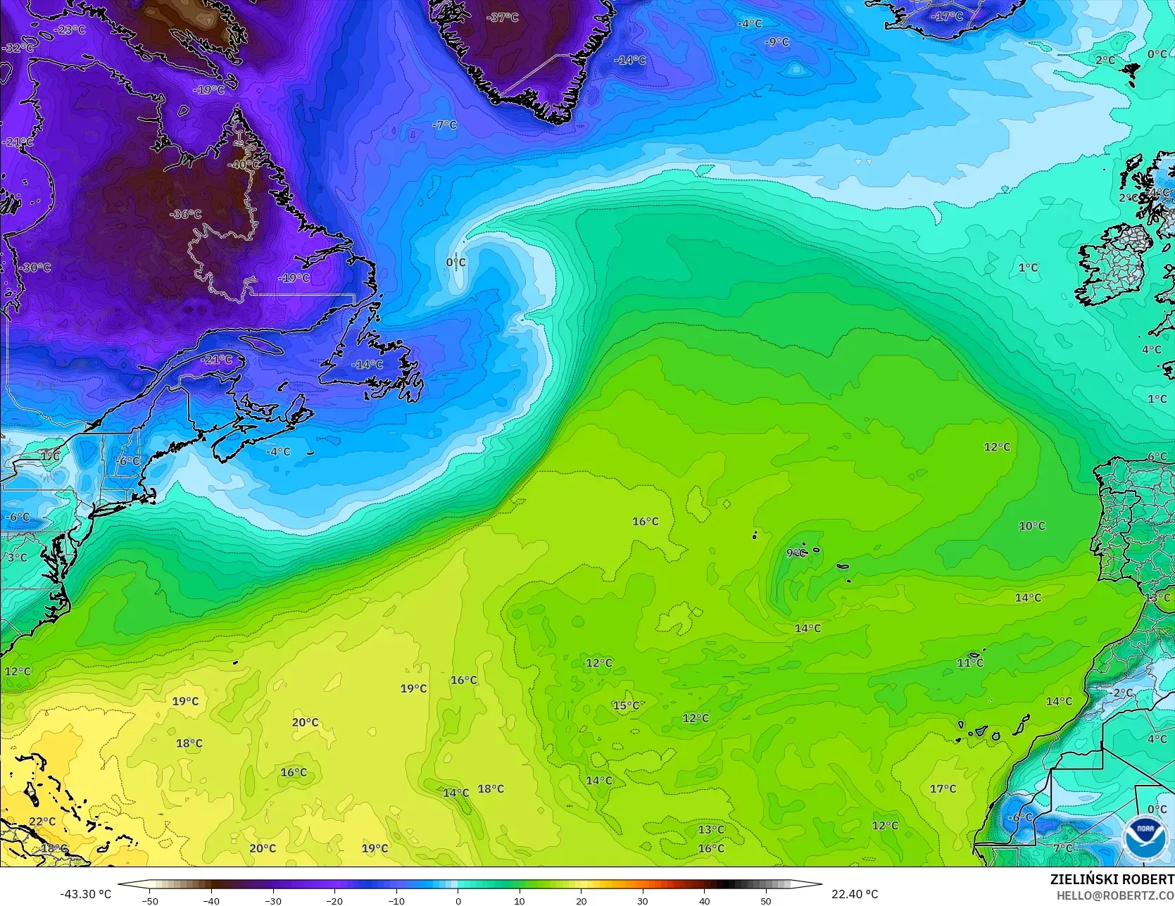 GFS model - Kuzey Atlantik, 2 m Çiy Noktası