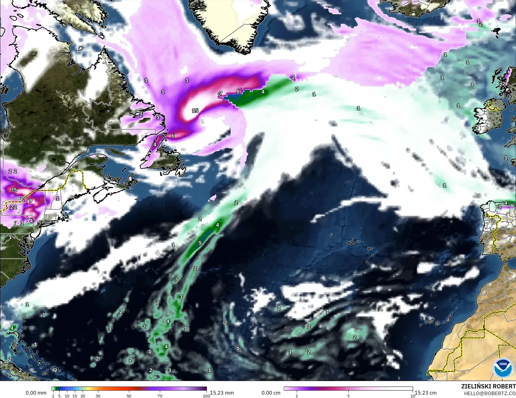 GFS model - Kuzey Atlantik, Yağış, Bulut ve Basınç