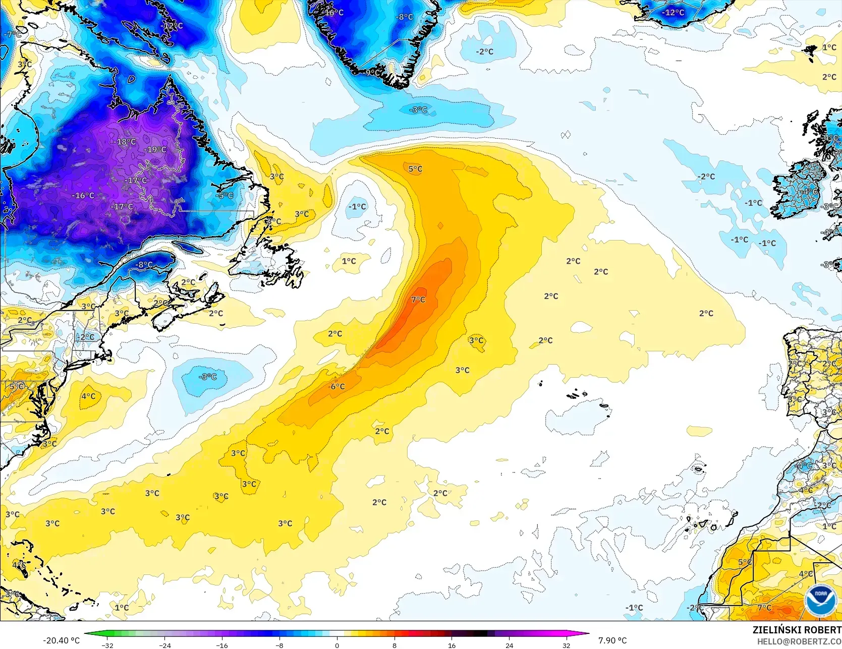 GFS model - Kuzey Atlantik, 2 m Sıcaklık Anomalisi