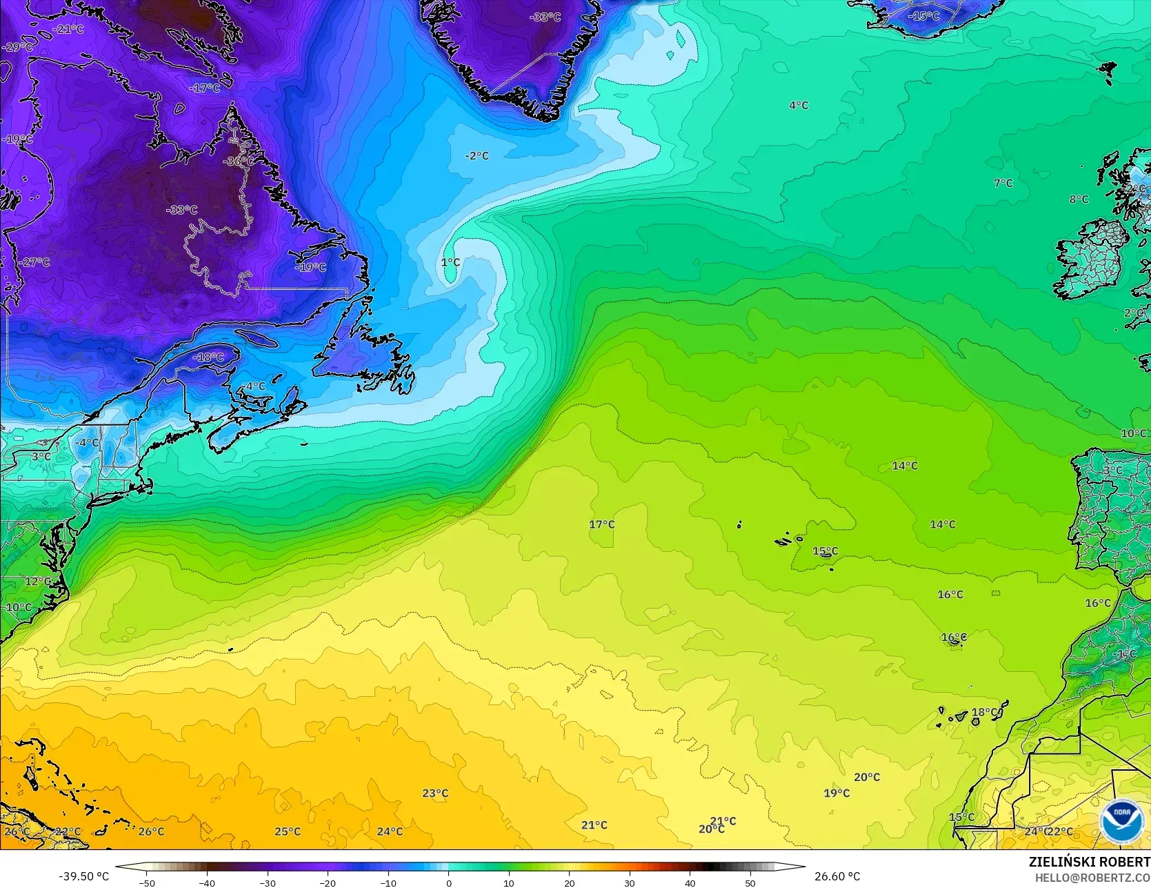GFS model - Kuzey Atlantik, 2 m Sıcaklık