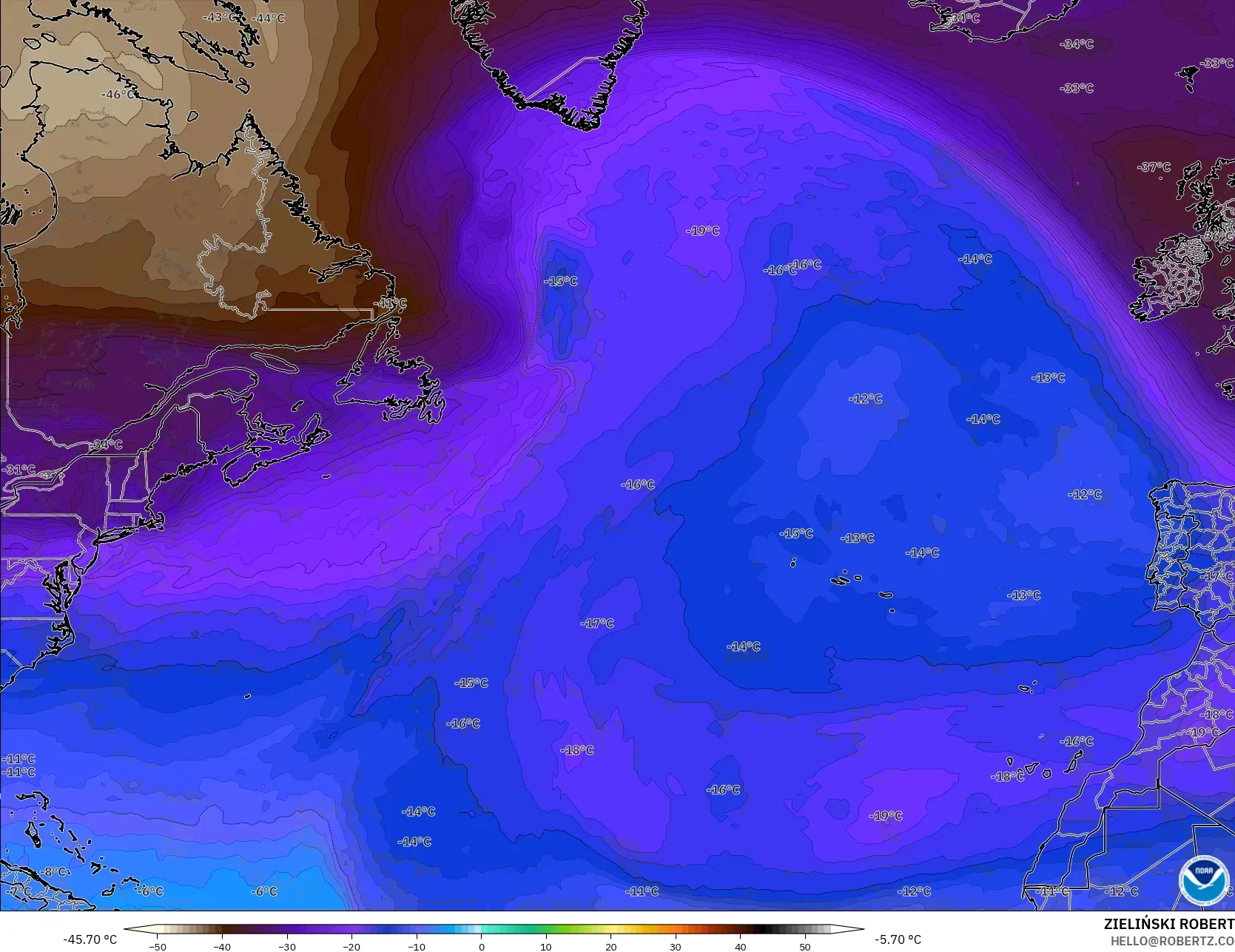 GFS model - Kuzey Atlantik, 500 hPa Sıcaklık