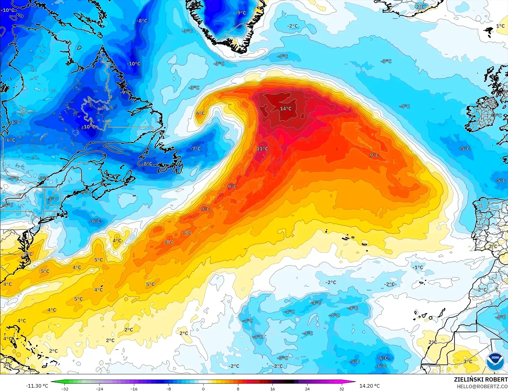 GFS model - Kuzey Atlantik, 850 hPa Sıcaklık Anomalisi