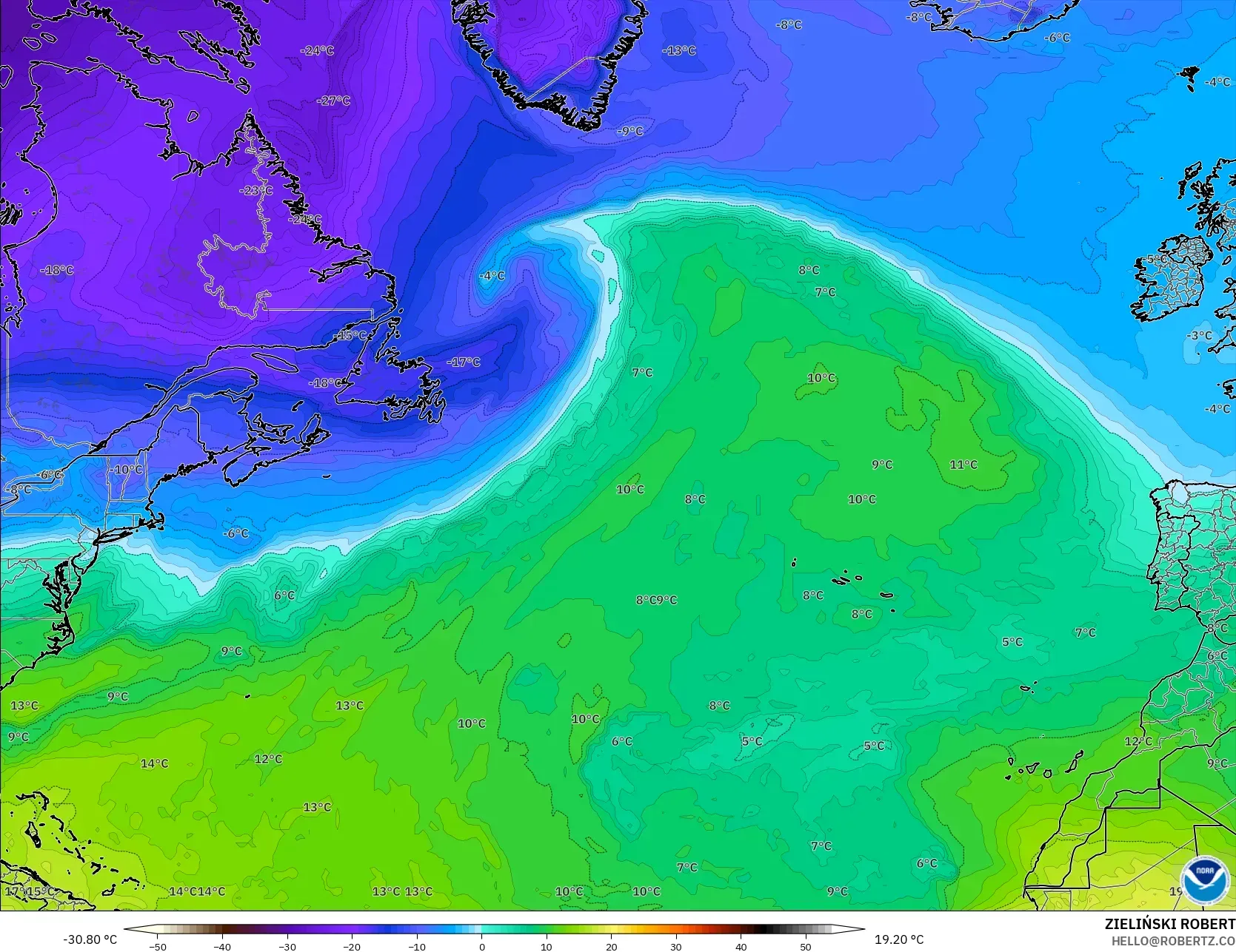 GFS model - Kuzey Atlantik, 850 hPa Sıcaklık