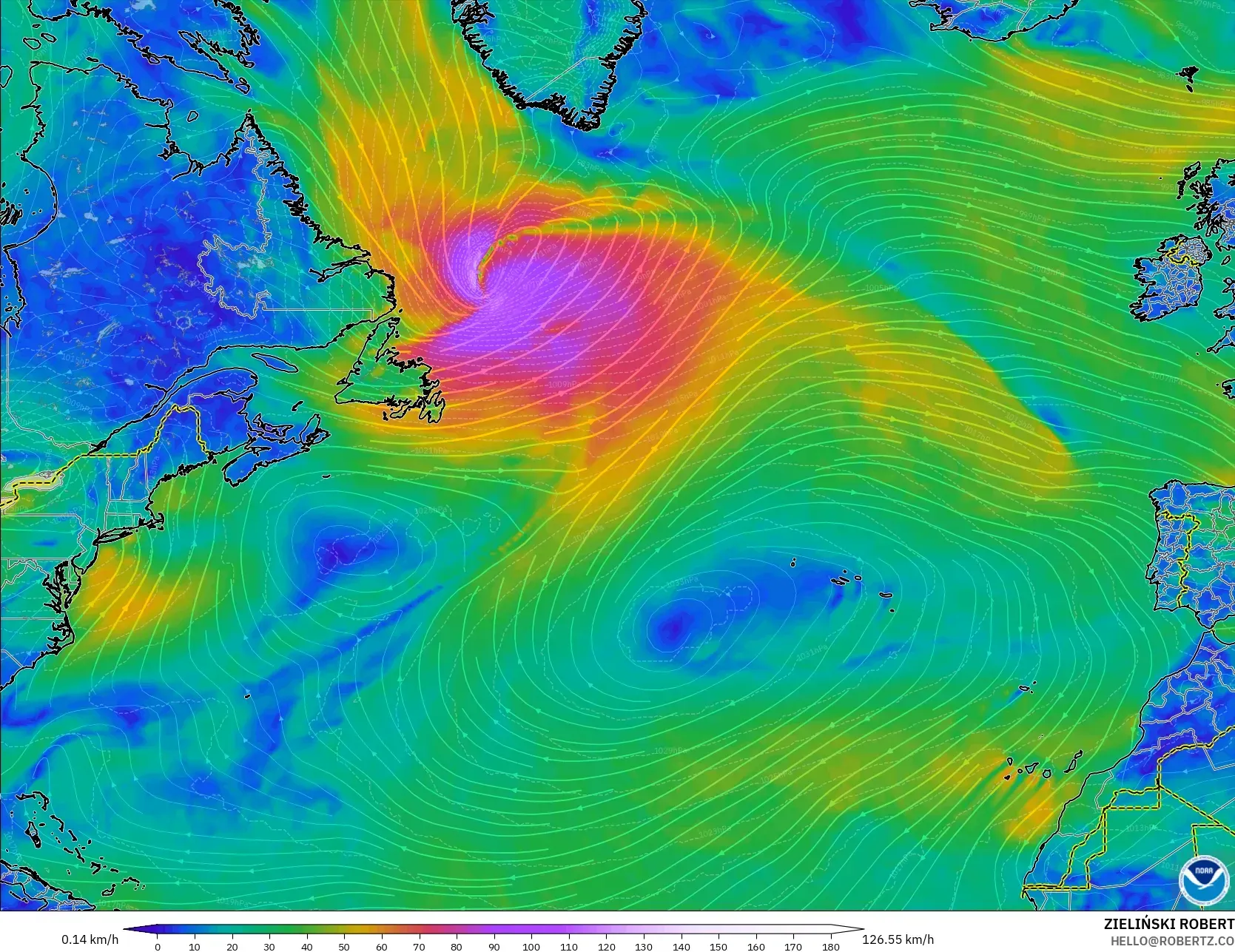 GFS model - Kuzey Atlantik, 10 m Rüzgâr