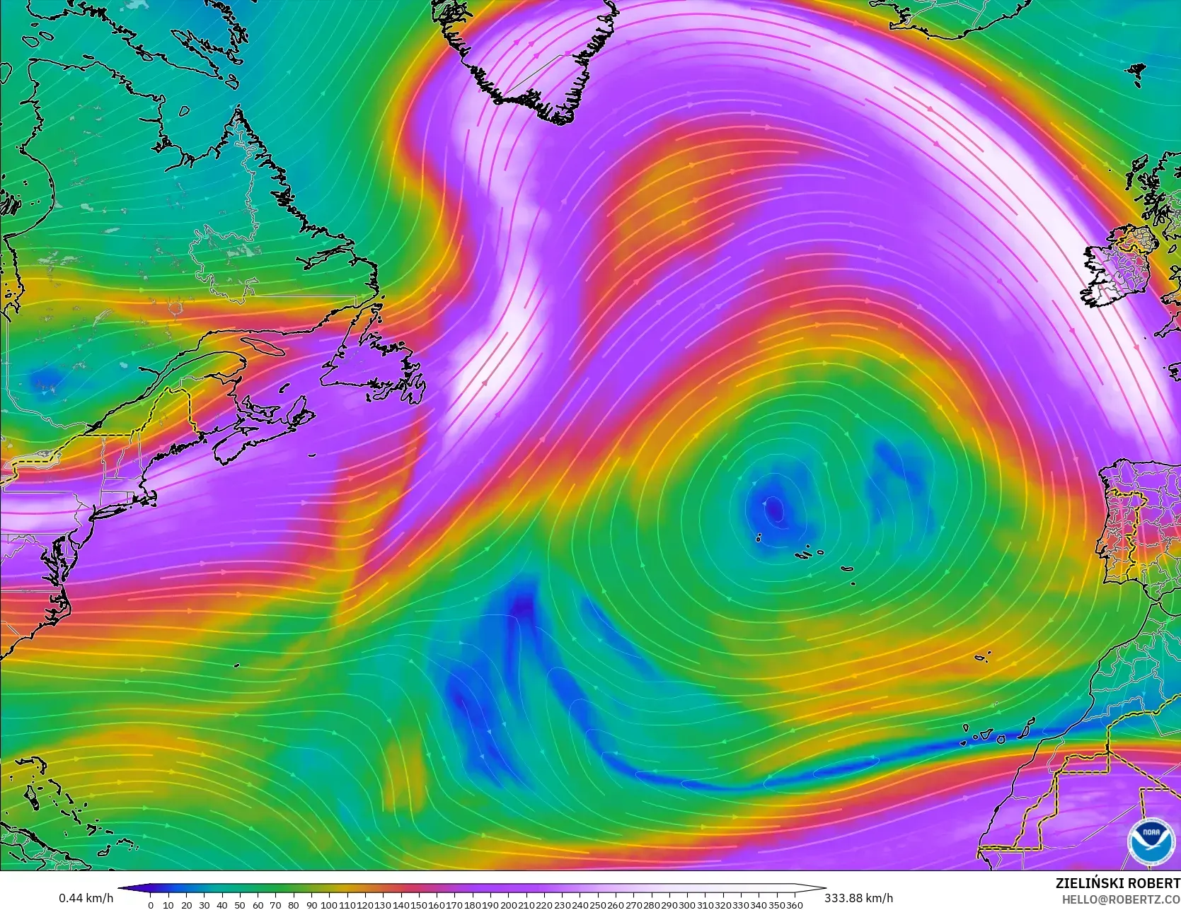 GFS model - Kuzey Atlantik, 300 hPa Rüzgârı (jet)