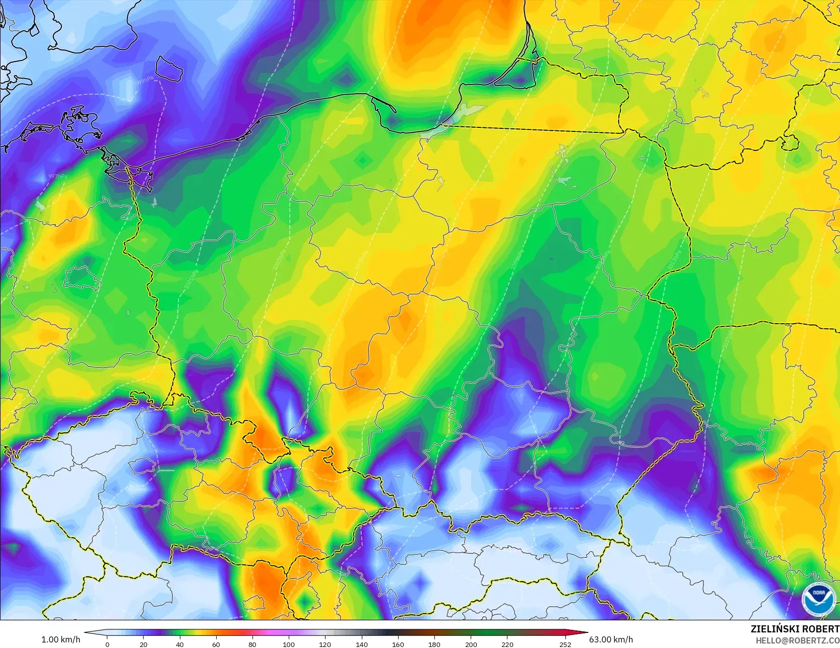 GFS model - Polonya, En Yüksek Rüzgâr