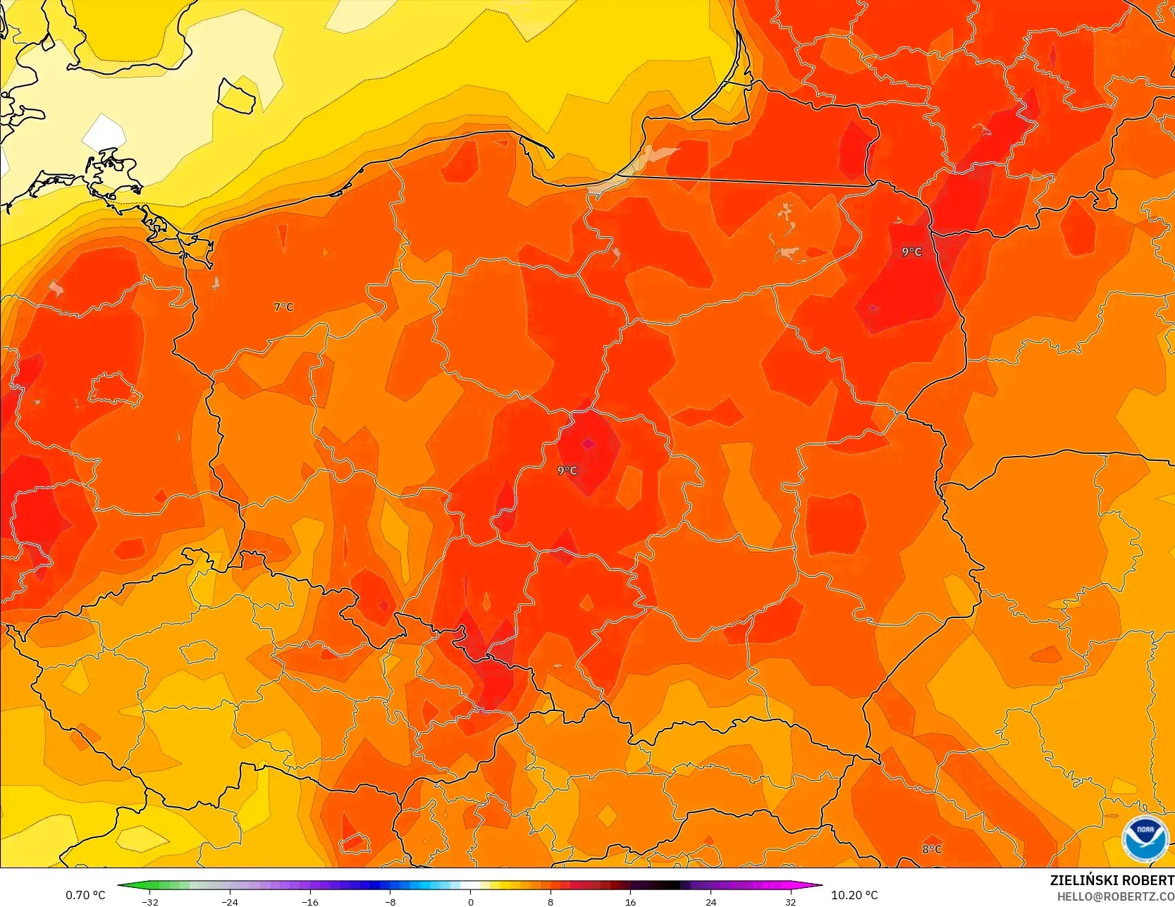 GFS model - Polonya, 2 m Sıcaklık Anomalisi
