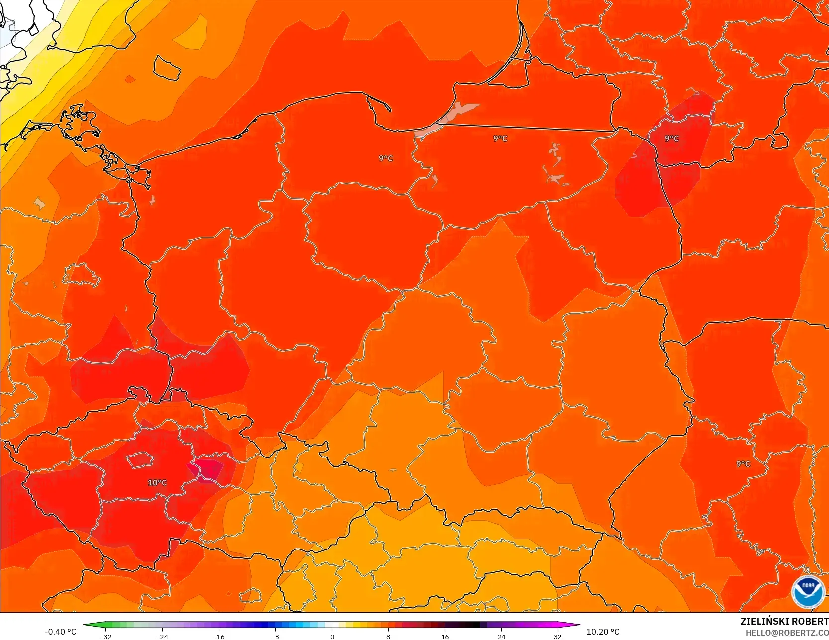 GFS model - Polonya, 850 hPa Sıcaklık Anomalisi
