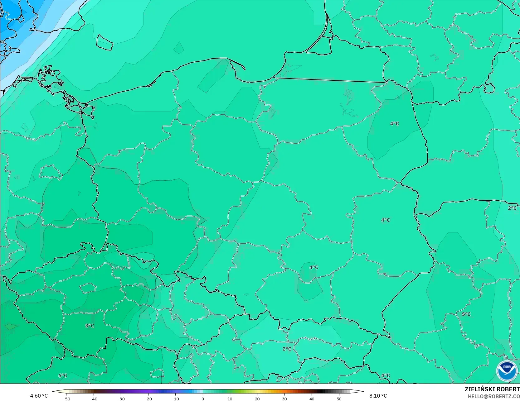 GFS model - Polonya, 850 hPa Sıcaklık