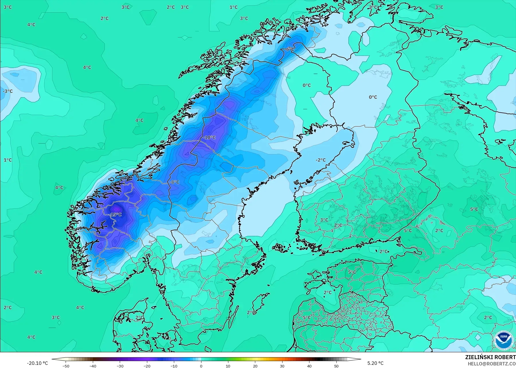 GFS model - İskandinavya, 2 m Çiy Noktası