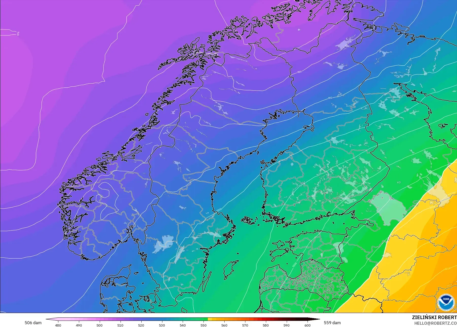 GFS model - İskandinavya, 500 hPa’da jeopotansiyel yükseklik