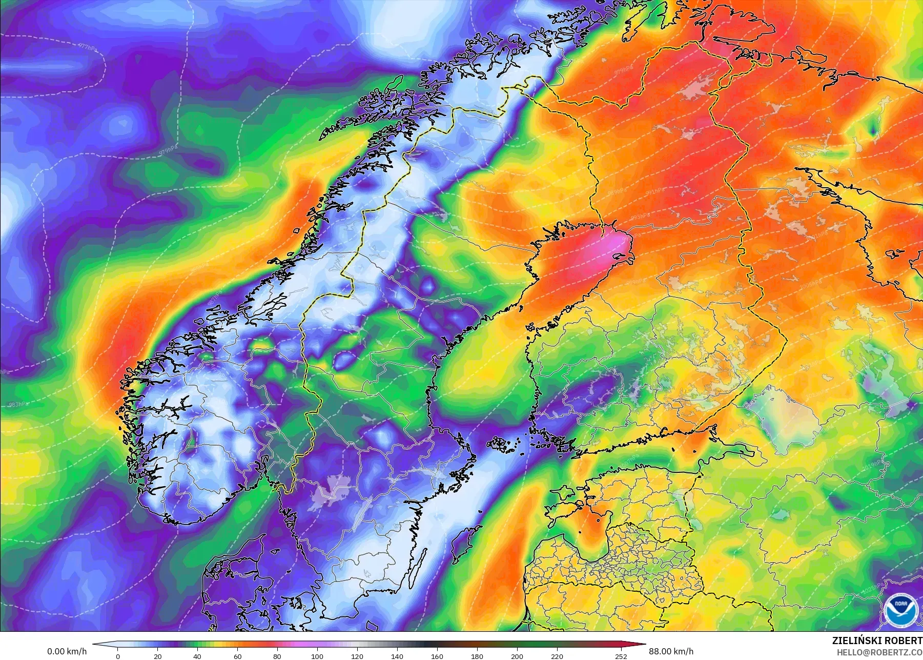GFS model - İskandinavya, En Yüksek Rüzgâr