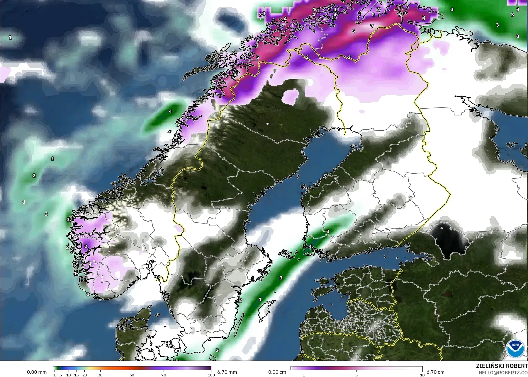 GFS model - İskandinavya, Yağış, Bulut ve Basınç