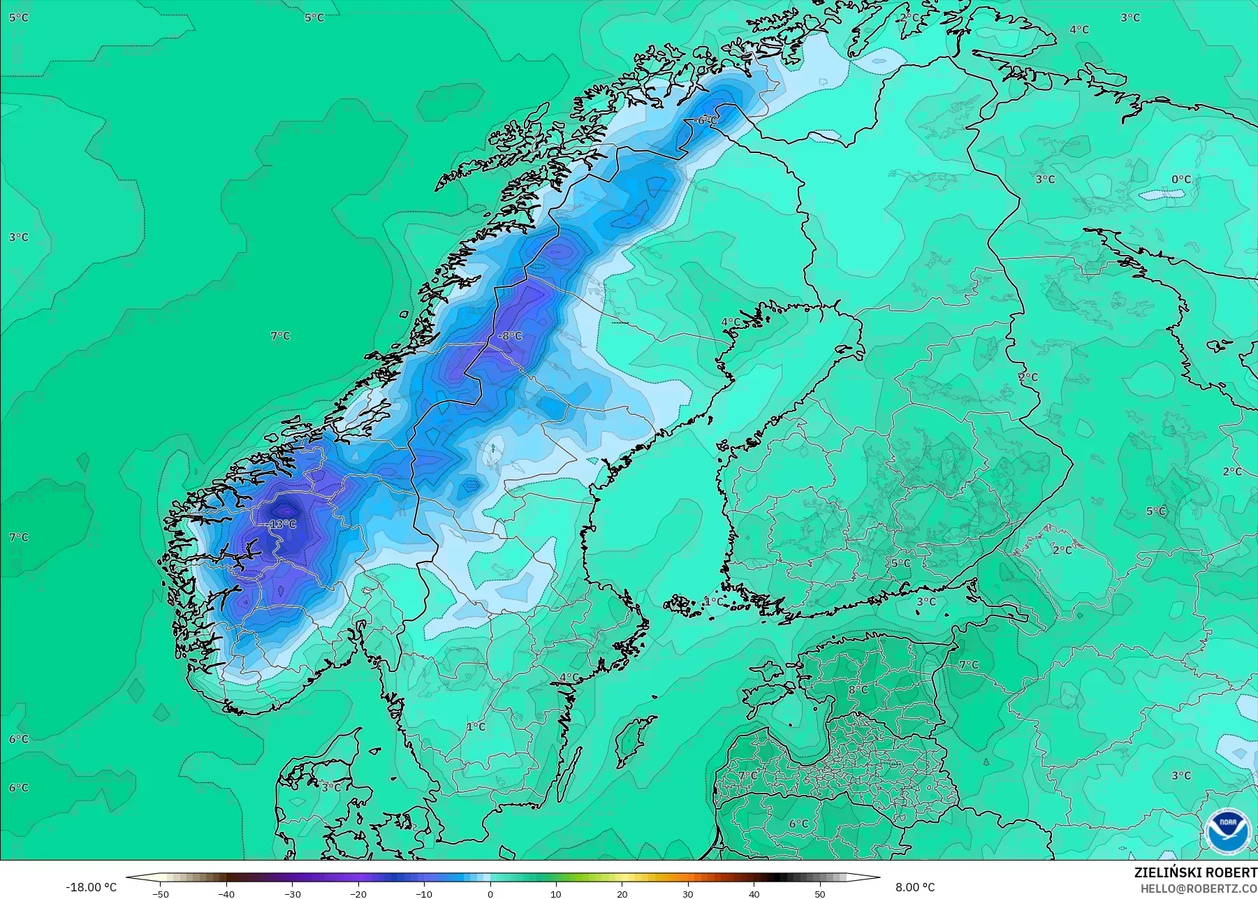 GFS model - İskandinavya, 2 m Sıcaklık
