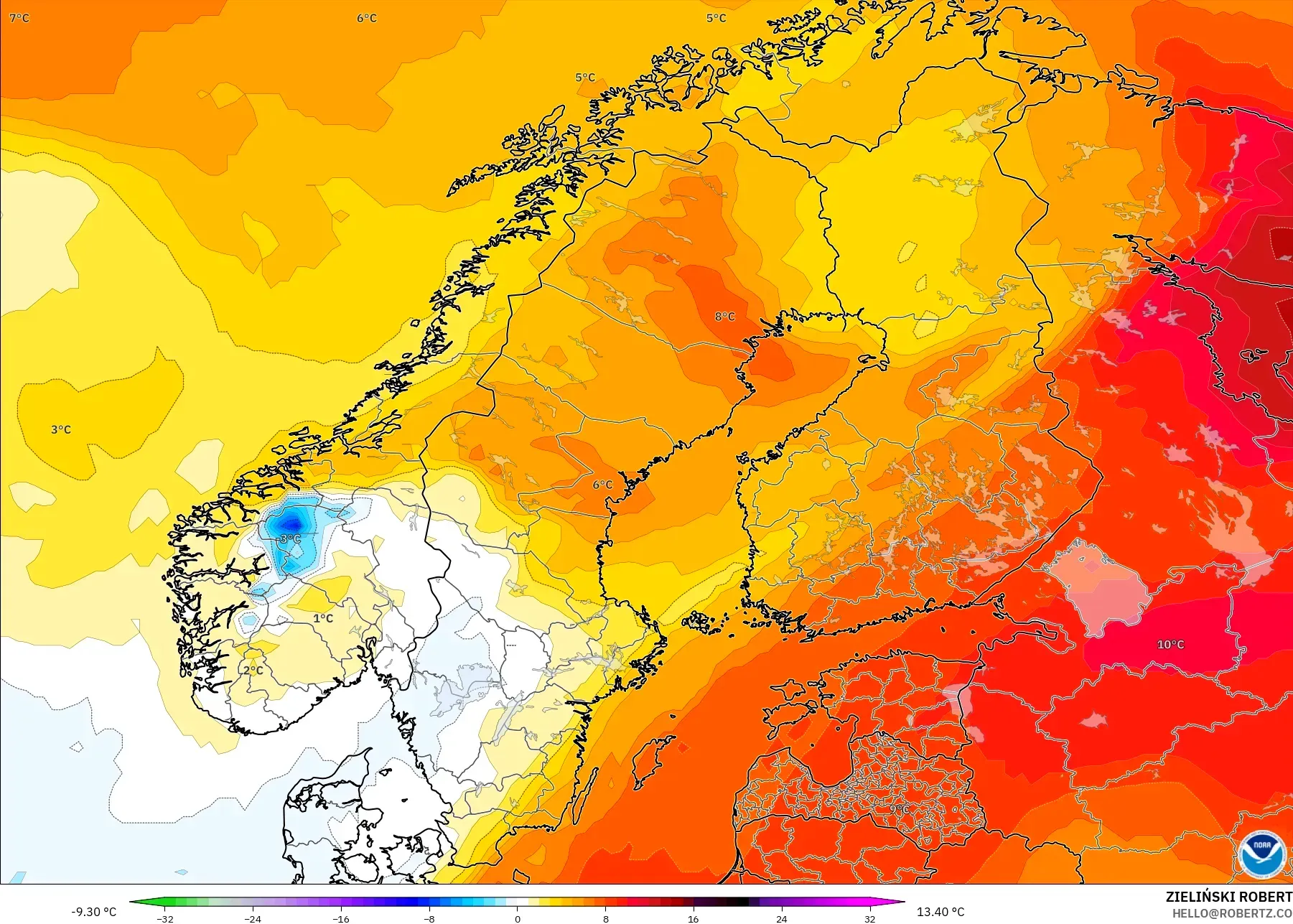 GFS model - İskandinavya, 850 hPa Sıcaklık Anomalisi