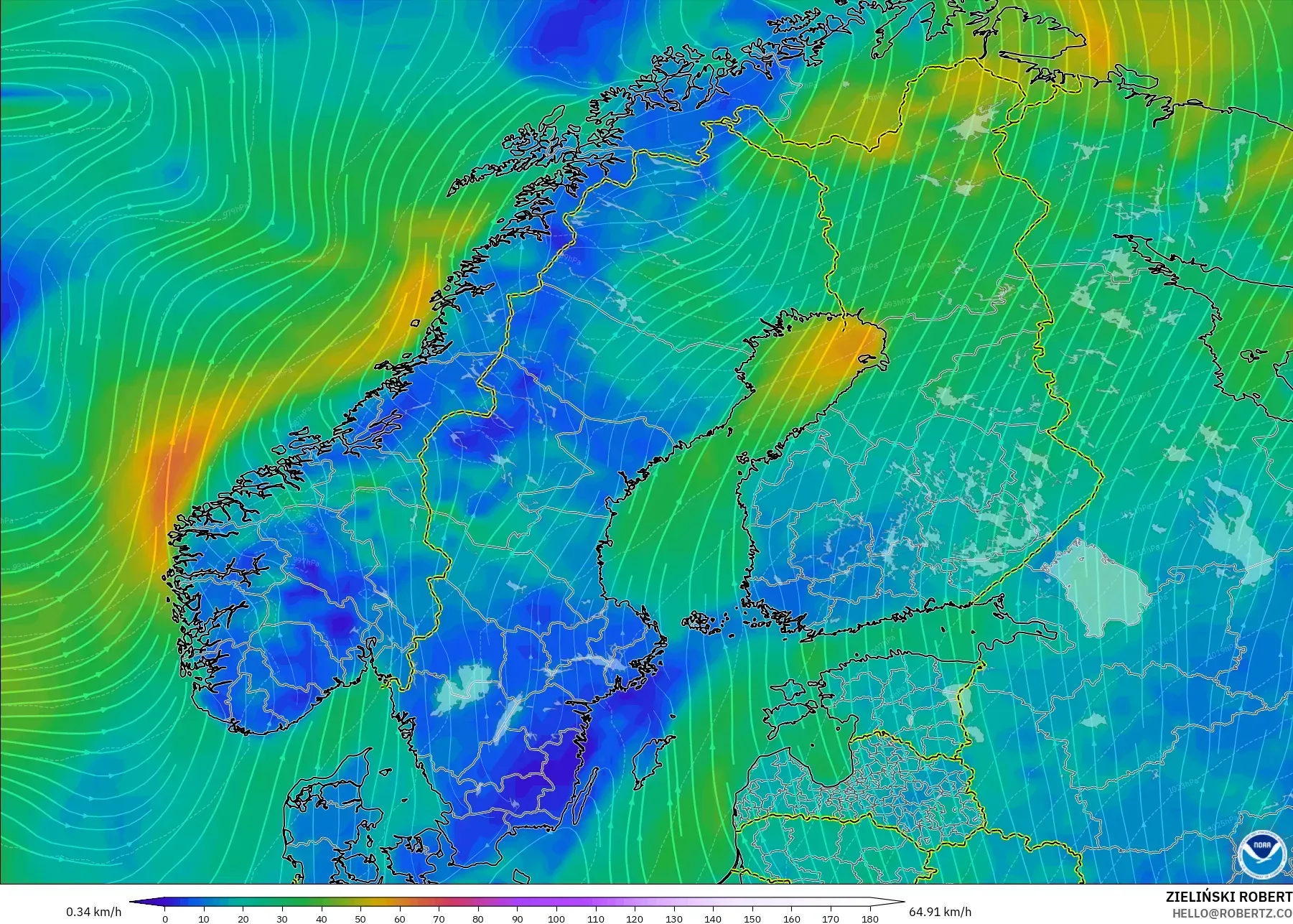GFS model - İskandinavya, 10 m Rüzgâr