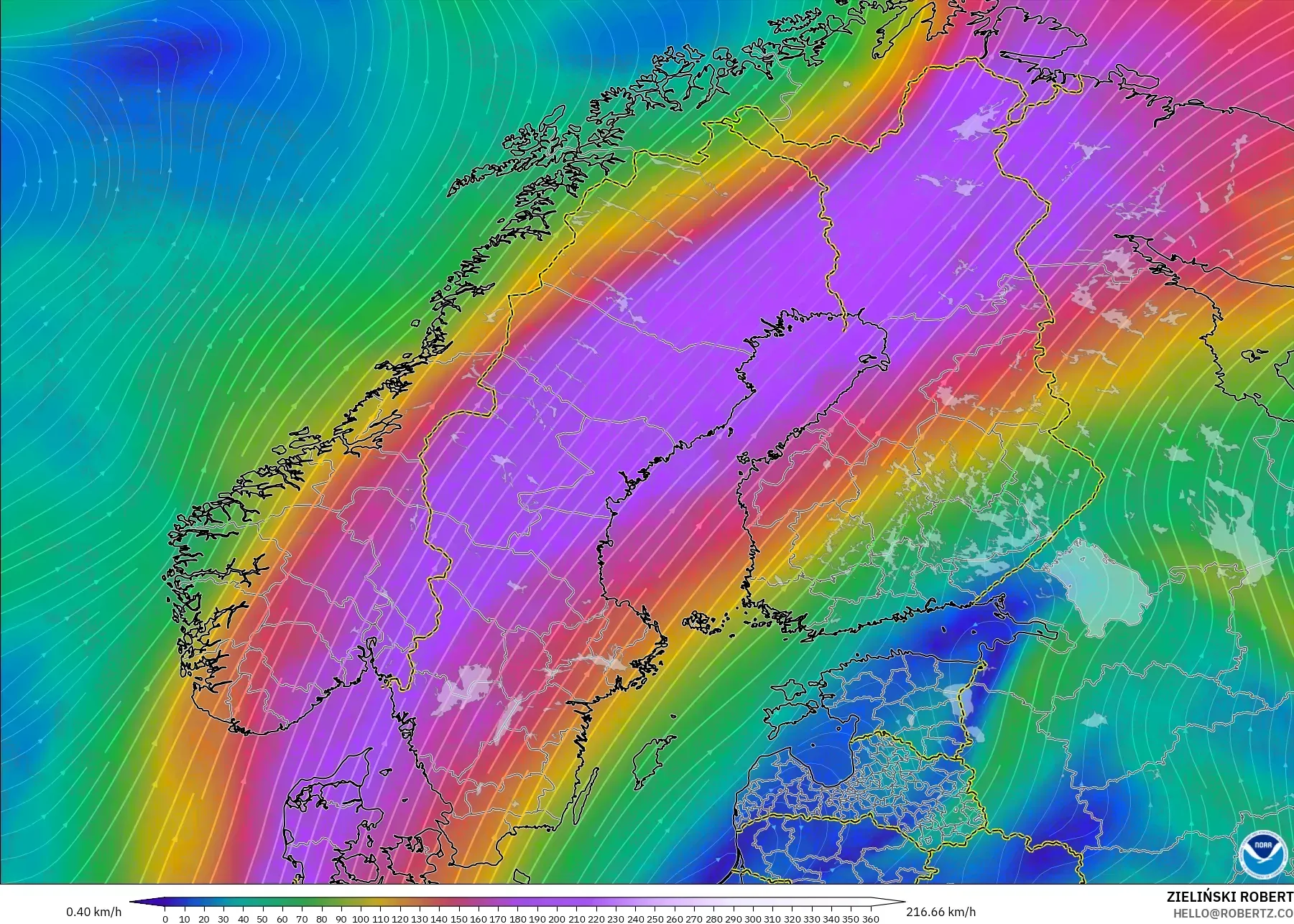 GFS model - İskandinavya, 300 hPa Rüzgârı (jet)