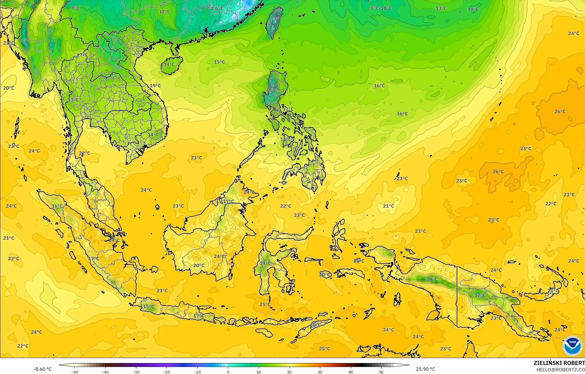 GFS model - Güneydoğu Asya, 2 m Çiy Noktası