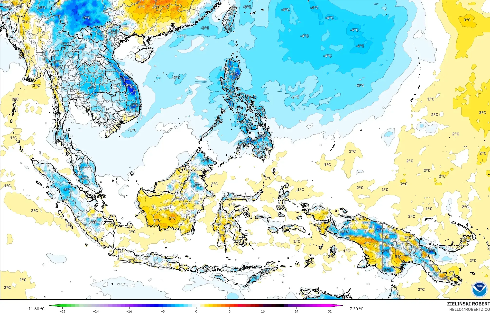 GFS model - Güneydoğu Asya, 2 m Sıcaklık Anomalisi