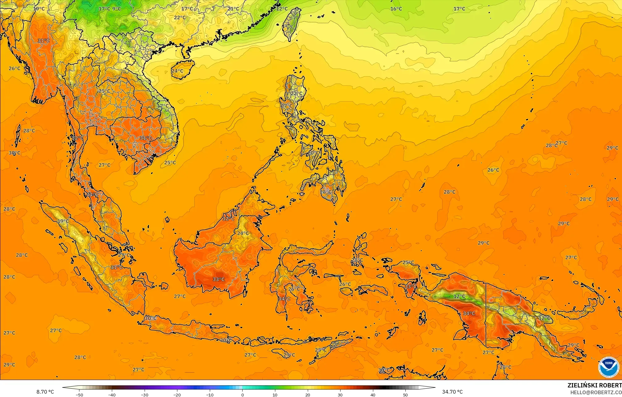 GFS model - Güneydoğu Asya, 2 m Sıcaklık
