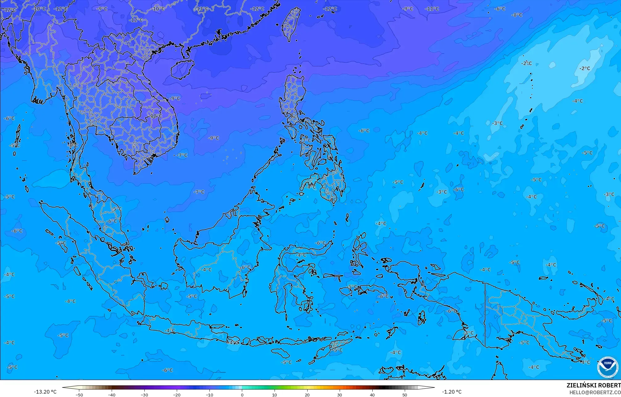 GFS model - Güneydoğu Asya, 500 hPa Sıcaklık