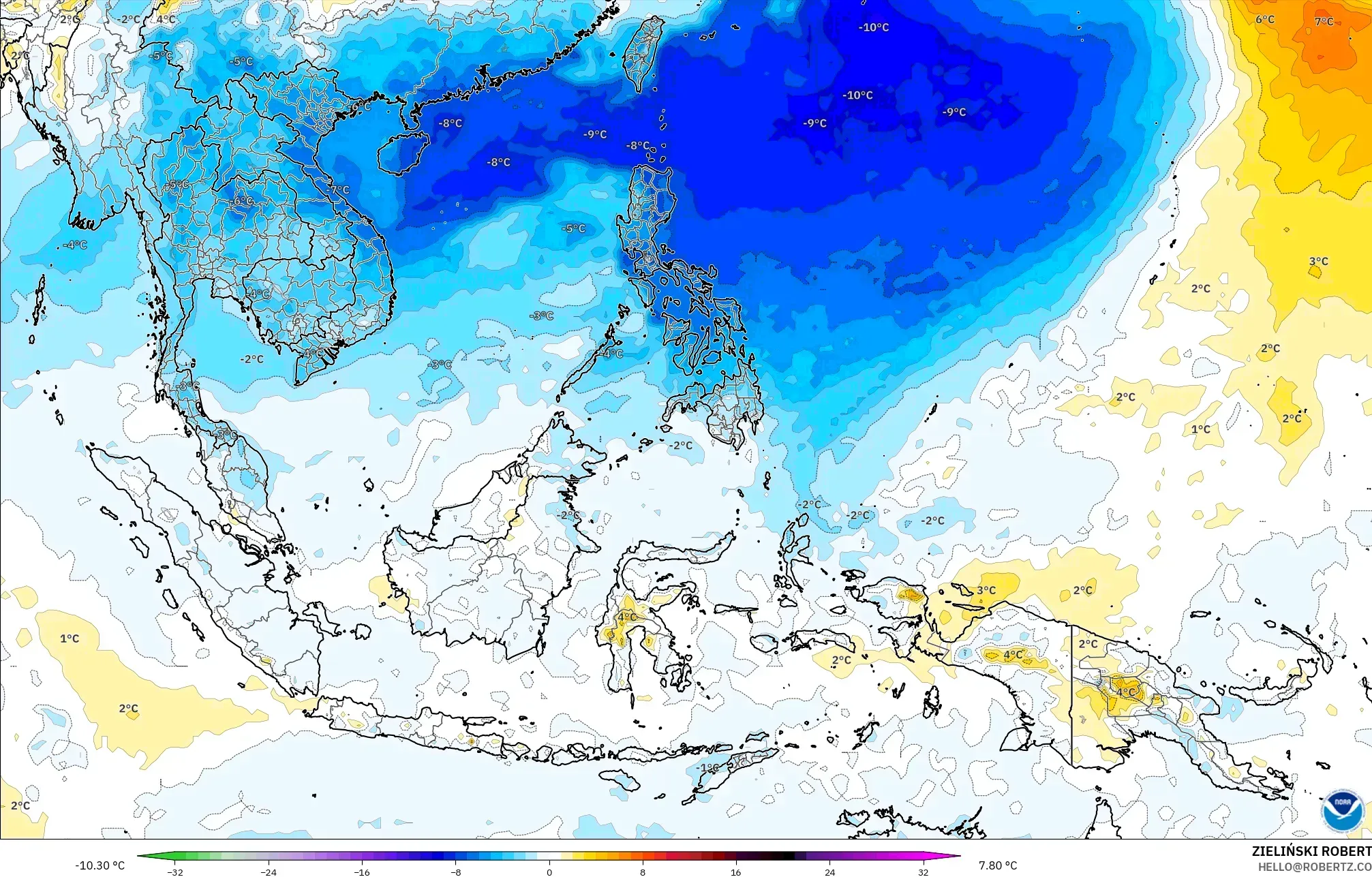 GFS model - Güneydoğu Asya, 850 hPa Sıcaklık Anomalisi