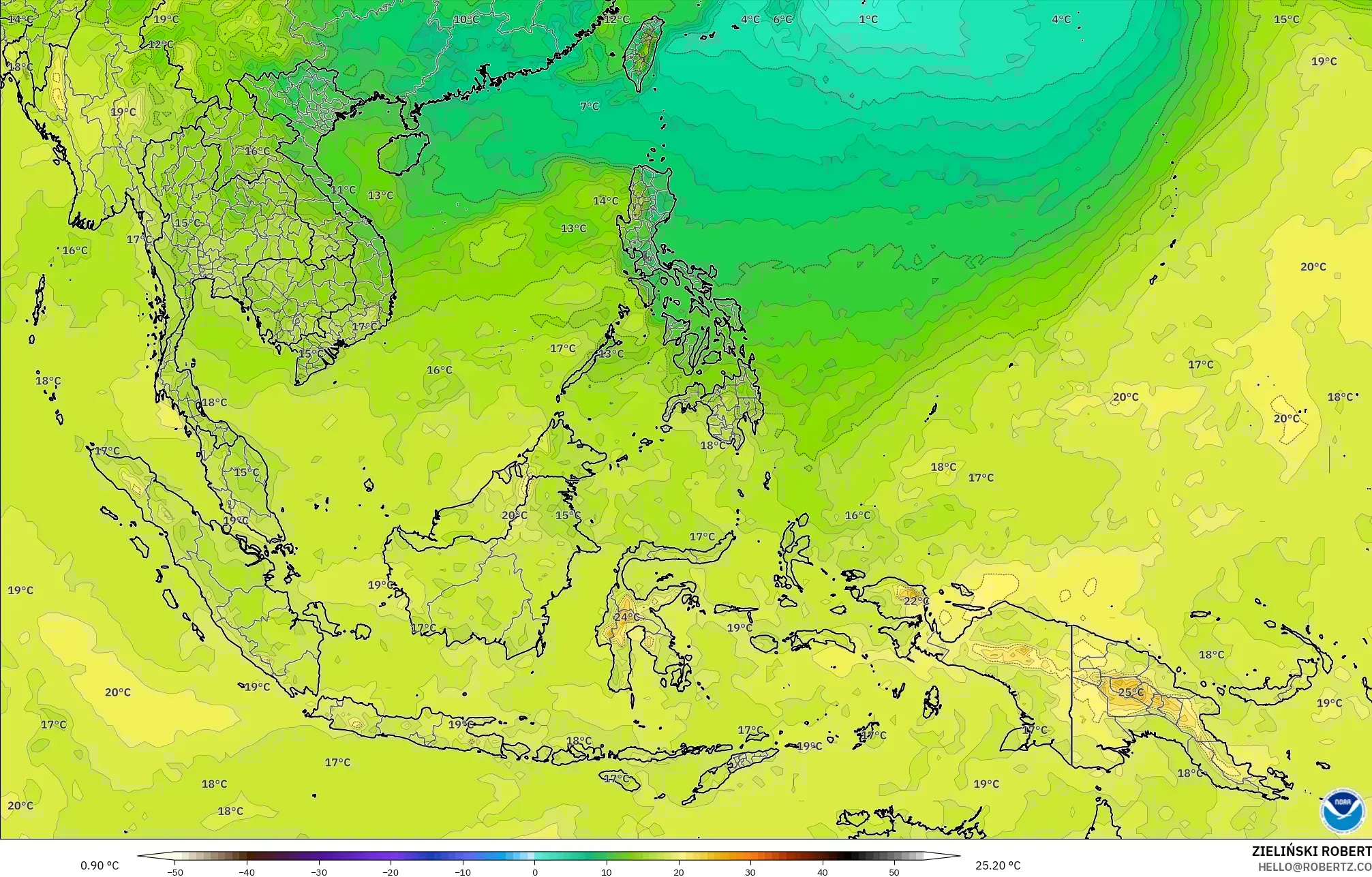 GFS model - Güneydoğu Asya, 850 hPa Sıcaklık