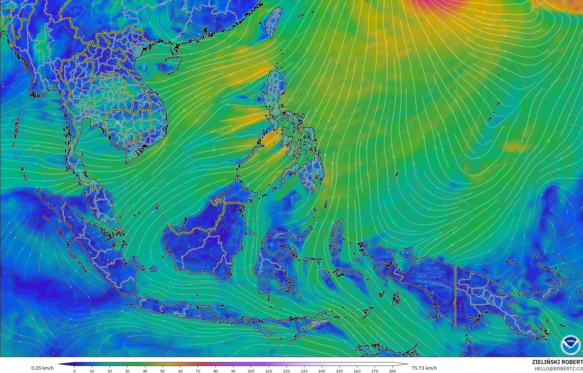 GFS model - Güneydoğu Asya, 10 m Rüzgâr