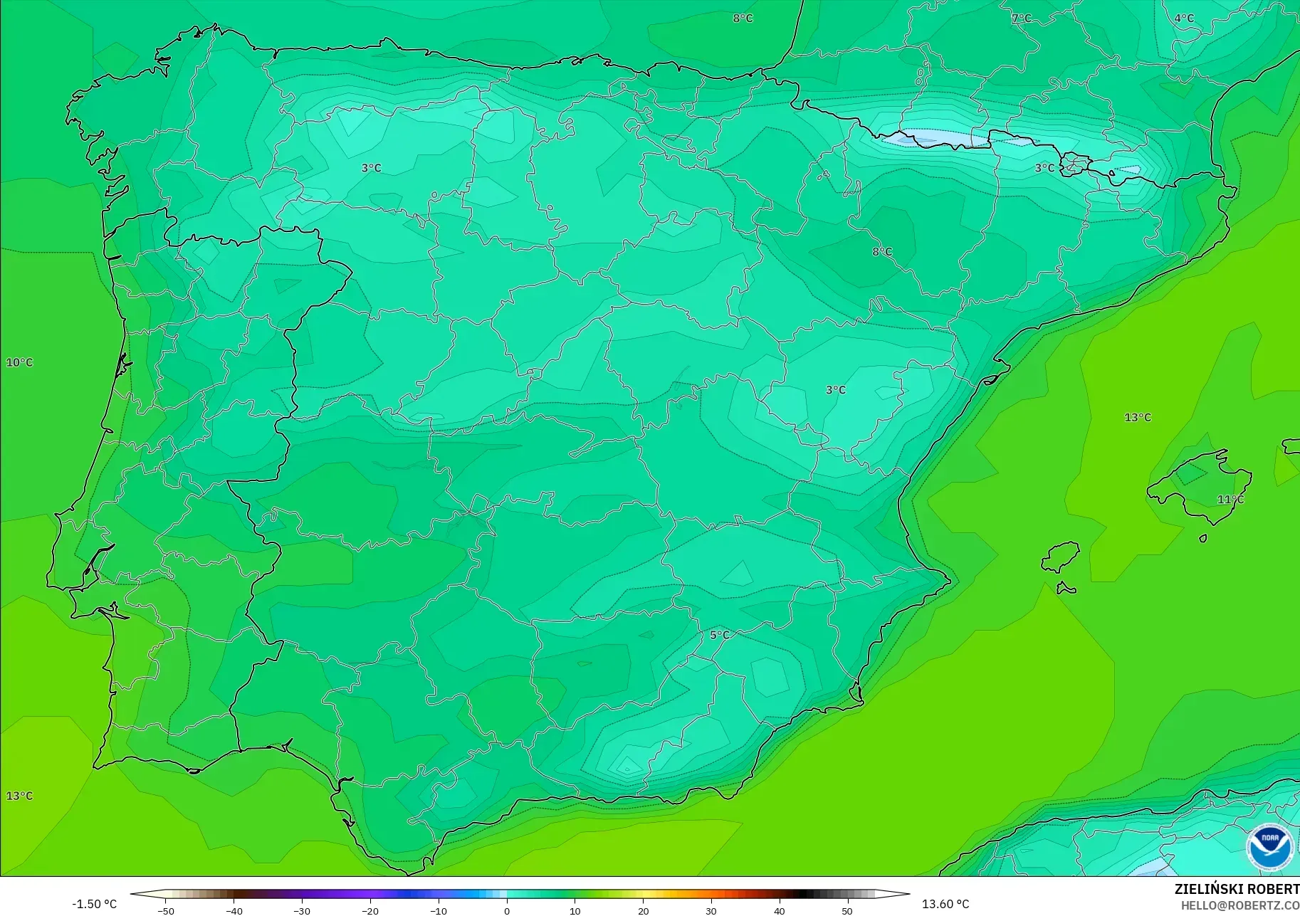 GFS model - İspanya, 2 m Çiy Noktası