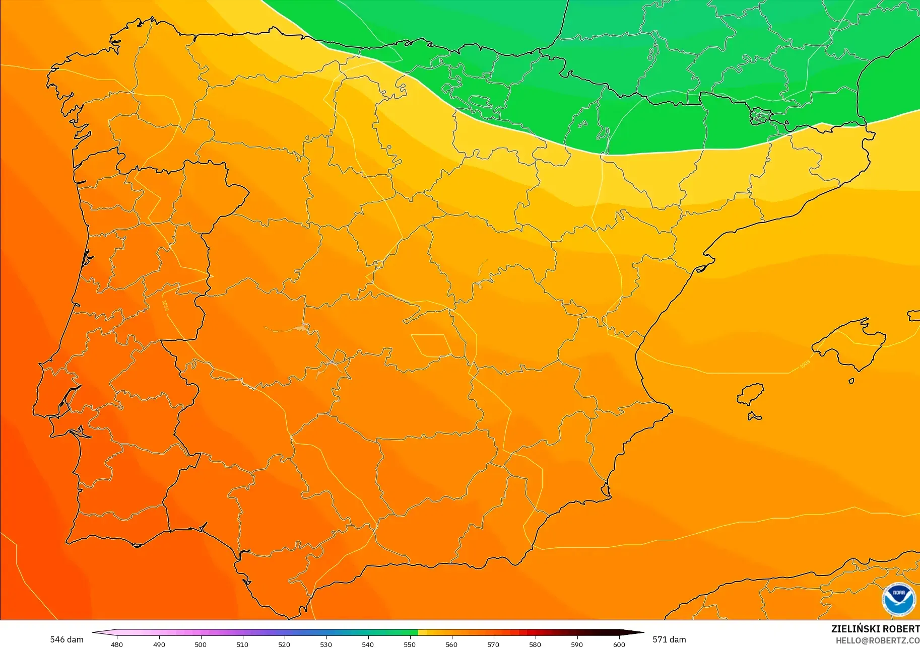 GFS model - İspanya, 500 hPa’da jeopotansiyel yükseklik