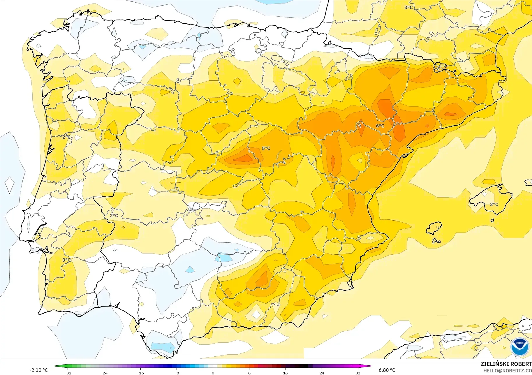 GFS model - İspanya, 2 m Sıcaklık Anomalisi