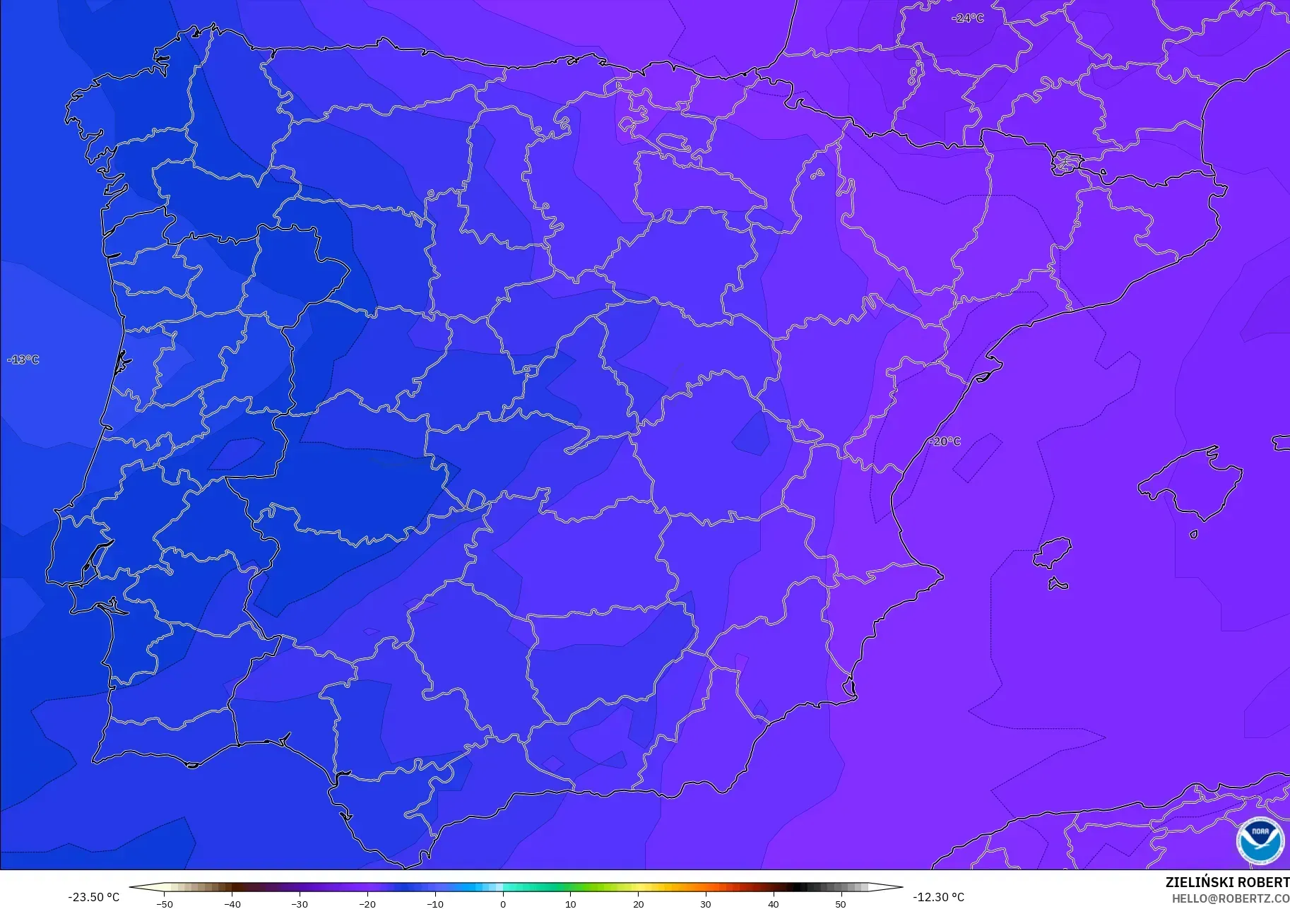 GFS model - İspanya, 500 hPa Sıcaklık