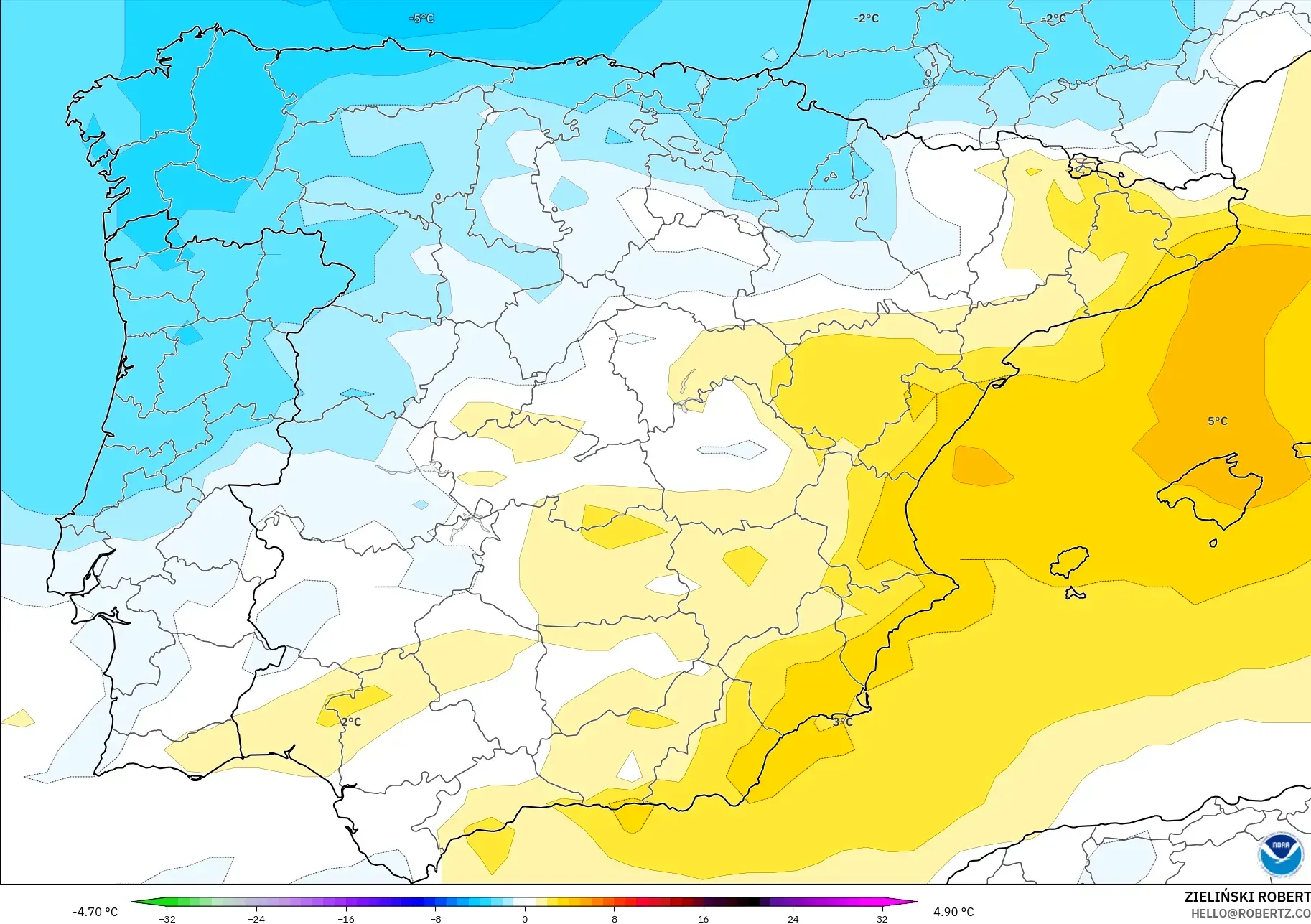 GFS model - İspanya, 850 hPa Sıcaklık Anomalisi
