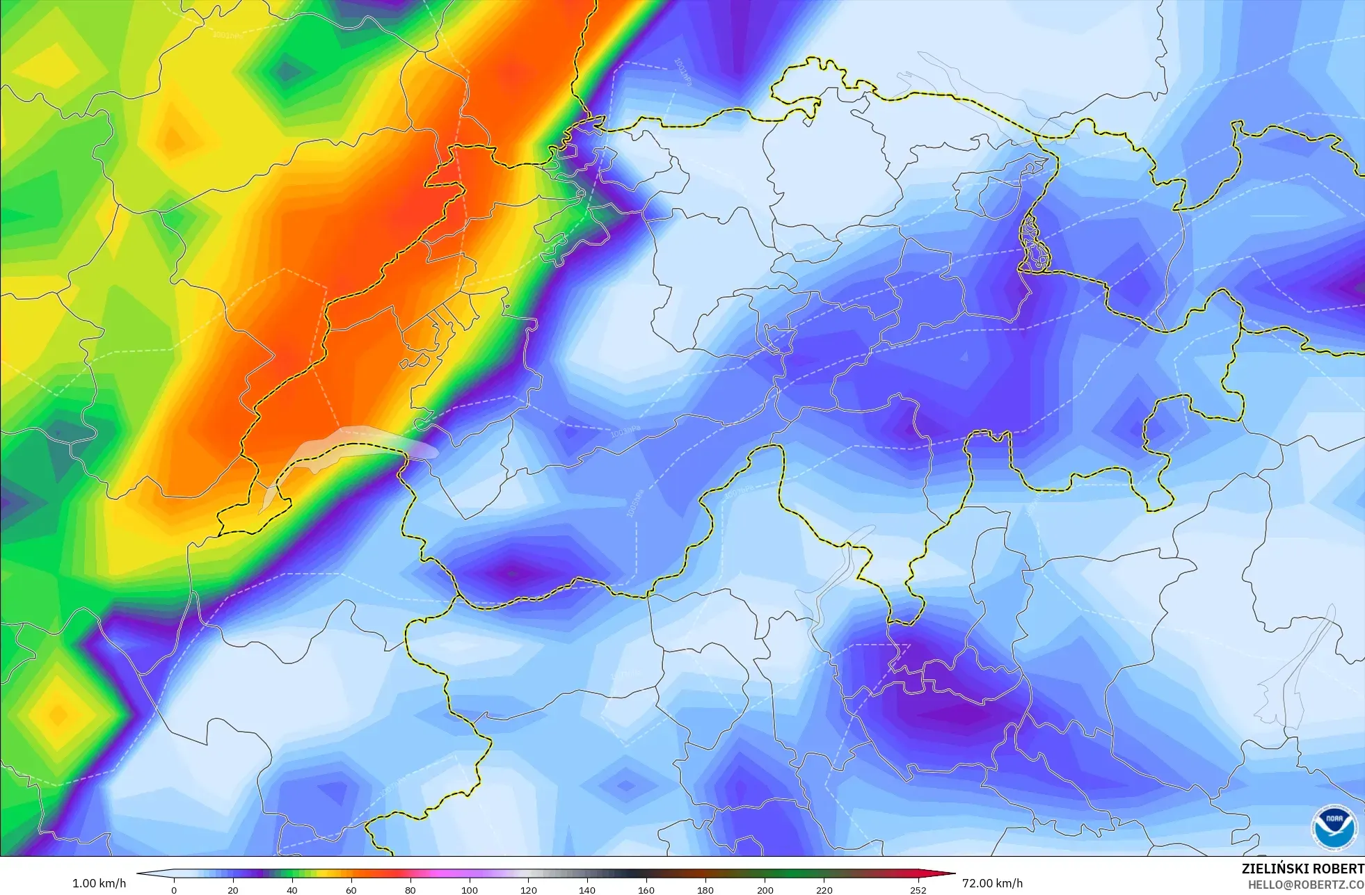 GFS model - İsviçre, En Yüksek Rüzgâr