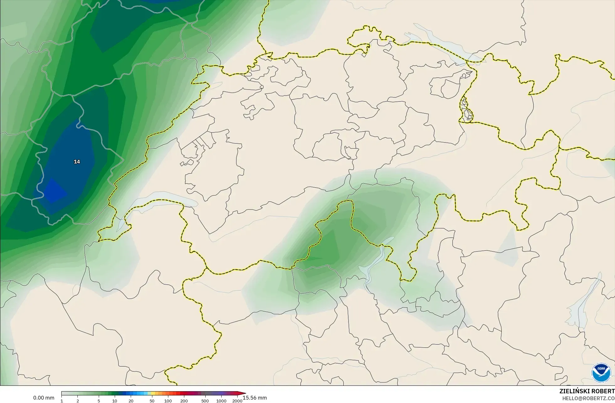 GFS model - İsviçre, Yağış Birikimi