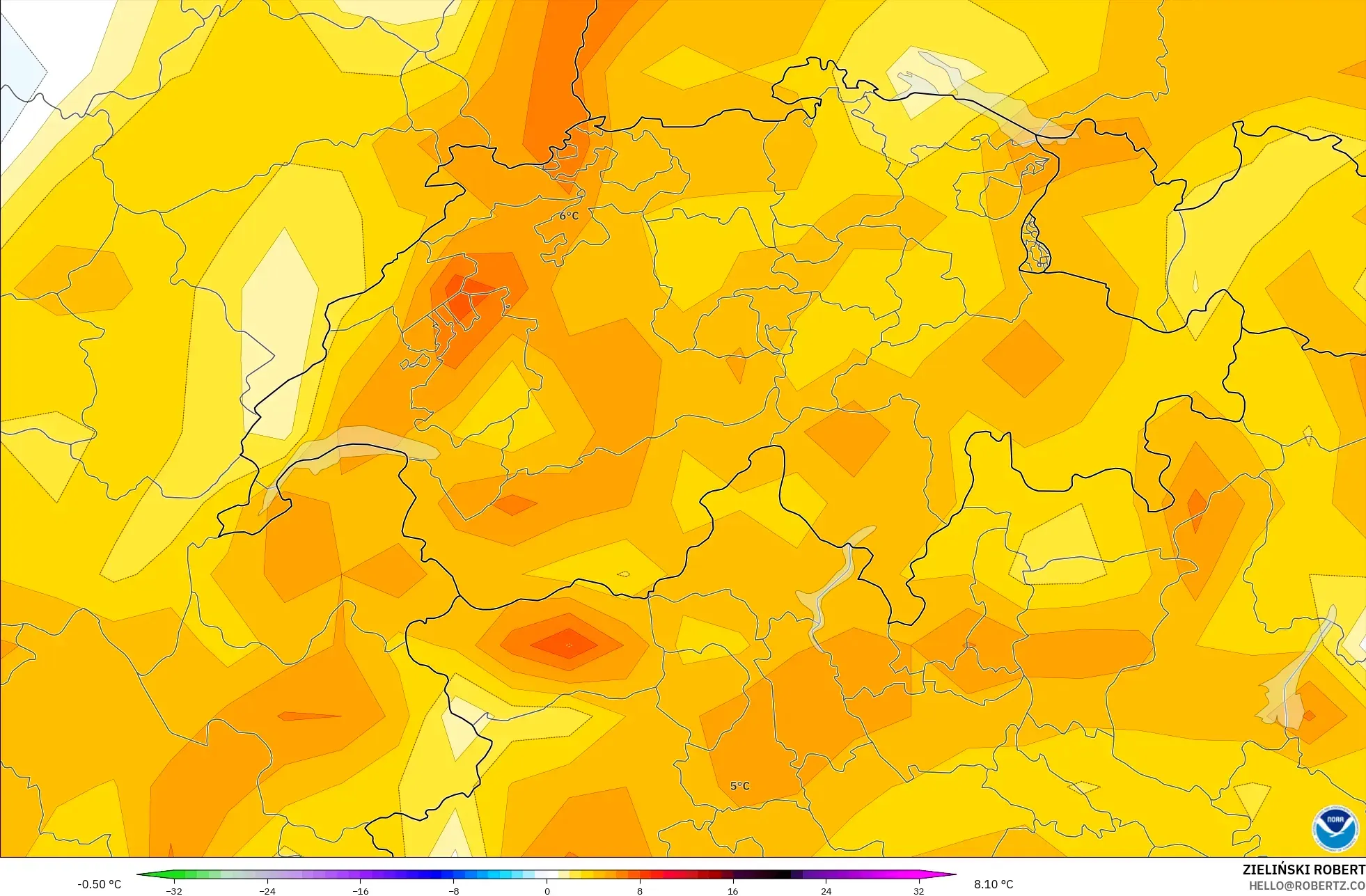 GFS model - İsviçre, 2 m Sıcaklık Anomalisi